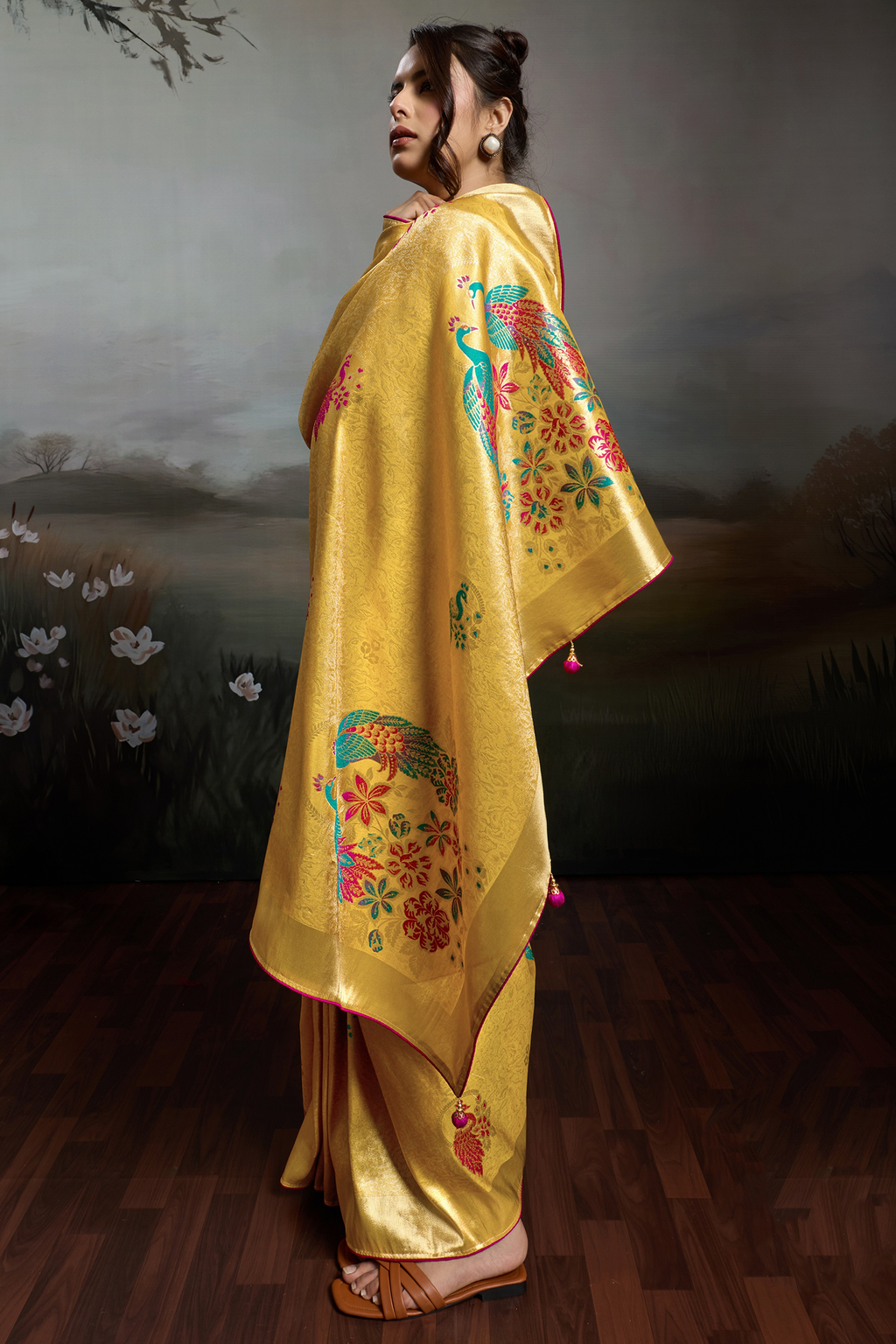 Imperial Yellow Gold Jacquard Art Silk Saree with Peacock Meenakari Motifs Border & Pallu