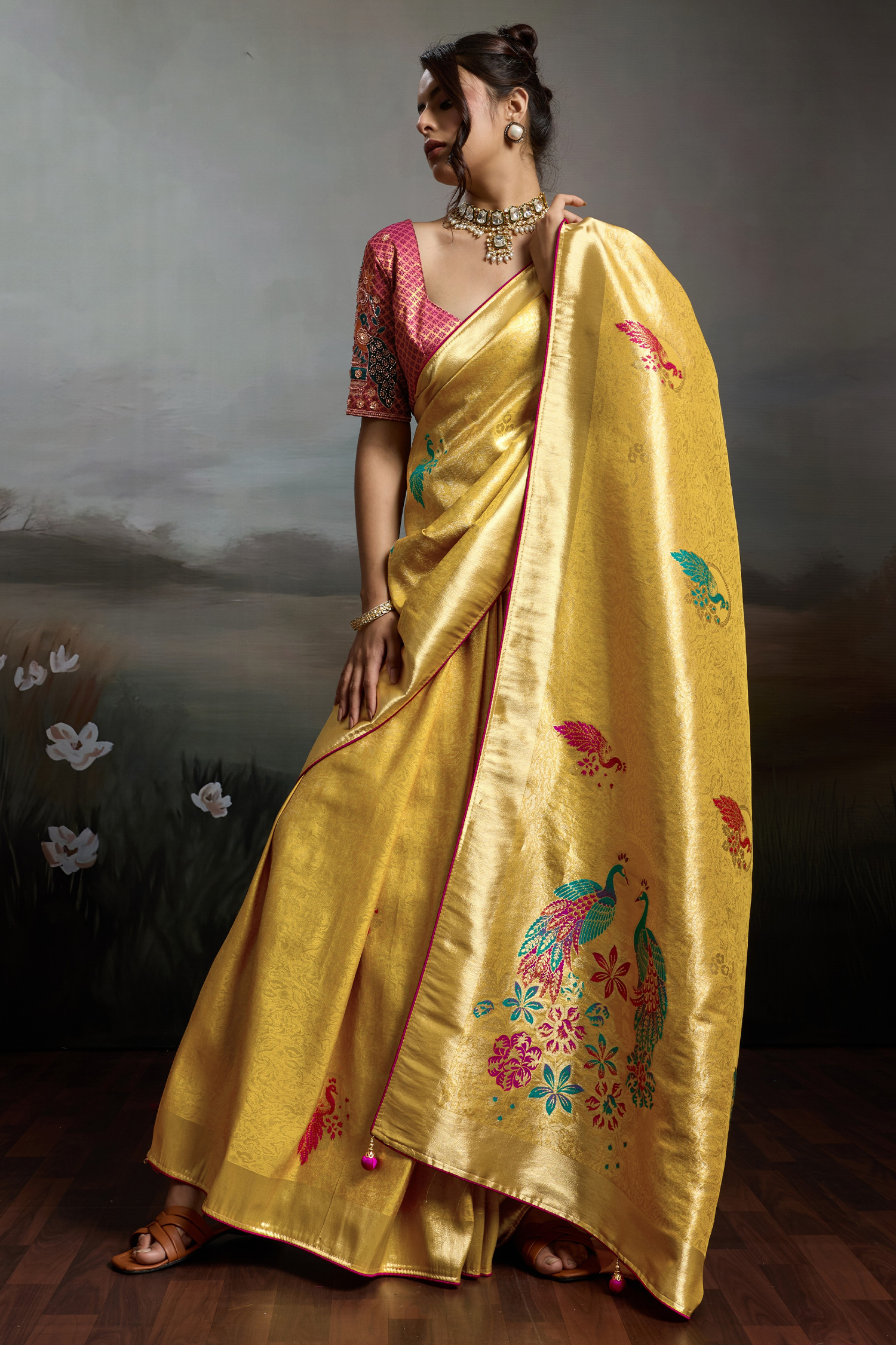 Imperial Yellow Gold Jacquard Art Silk Saree with Peacock Meenakari Motifs Border & Pallu
