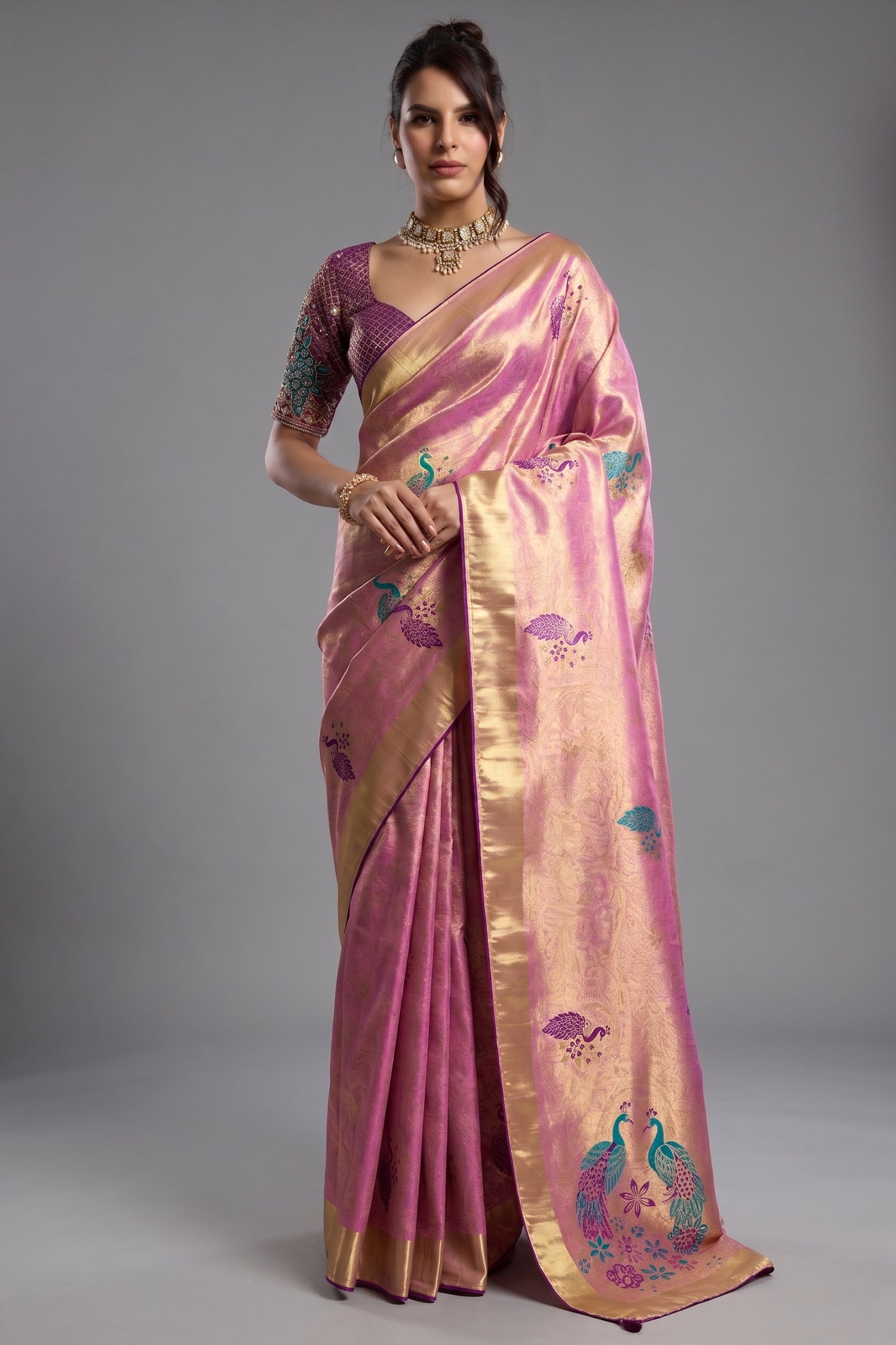 Radiant Orchid Pink Jacquard Art Silk Saree with Peacock Meenakari Motifs Border & Pallu