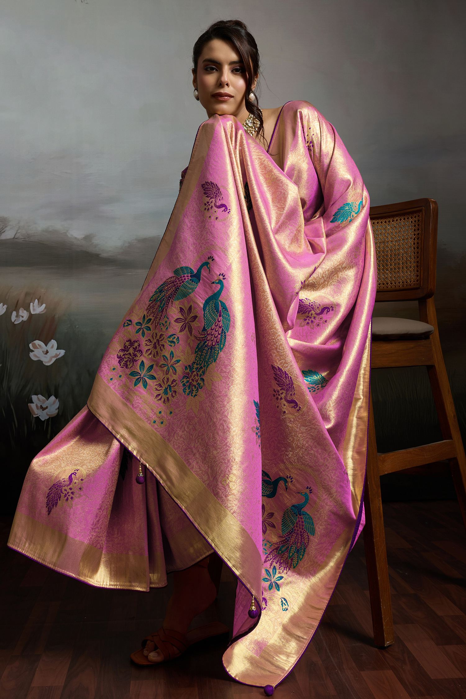Radiant Orchid Pink Jacquard Art Silk Saree with Peacock Meenakari Motifs Border & Pallu