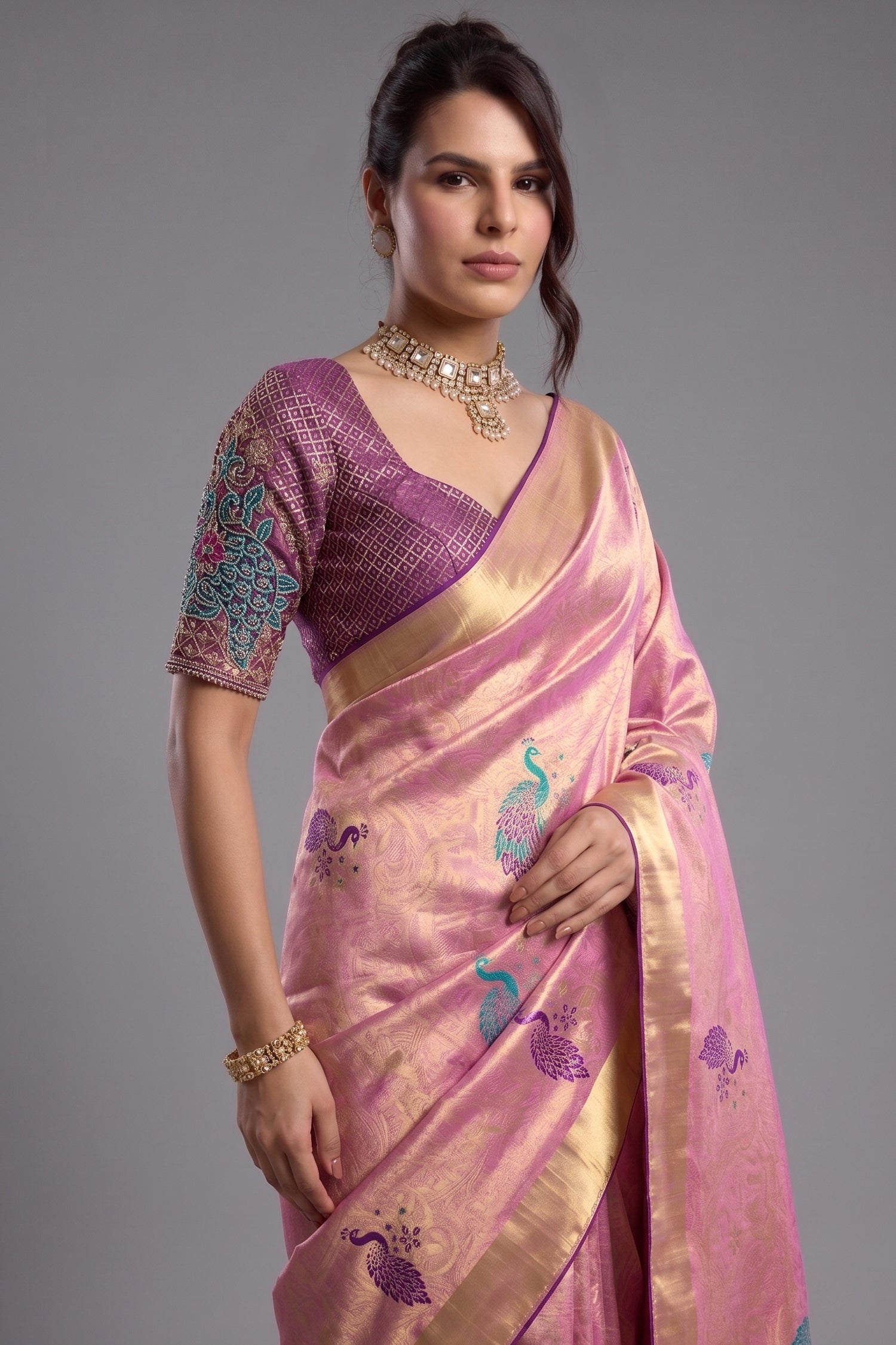 Radiant Orchid Pink Jacquard Art Silk Saree with Peacock Meenakari Motifs Border & Pallu Secondary image