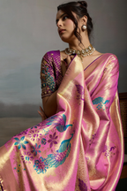 Radiant Orchid Pink Jacquard Art Silk Saree with Peacock Meenakari Motifs Border & Pallu