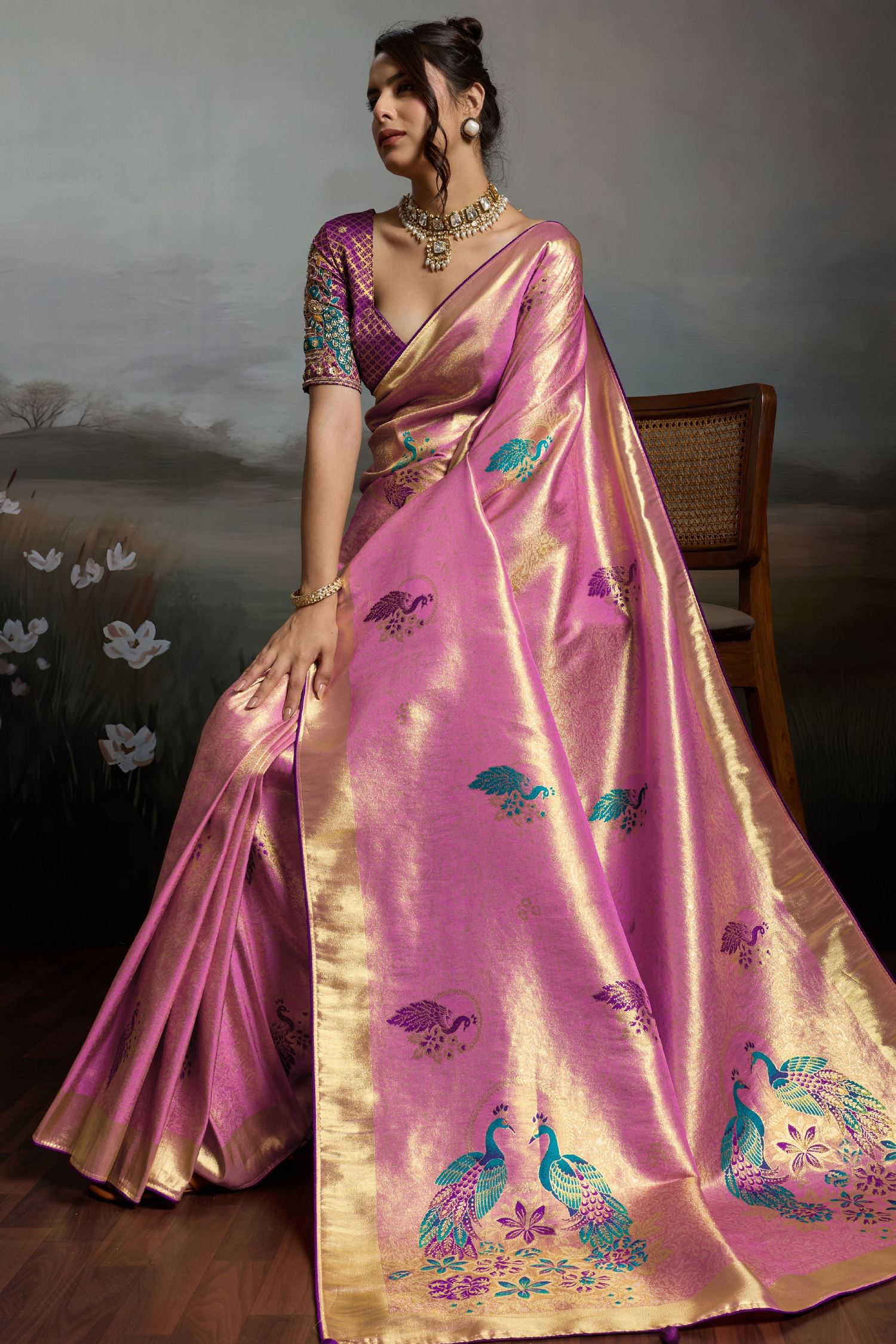 Radiant Orchid Pink Jacquard Art Silk Saree with Peacock Meenakari Motifs Border & Pallu