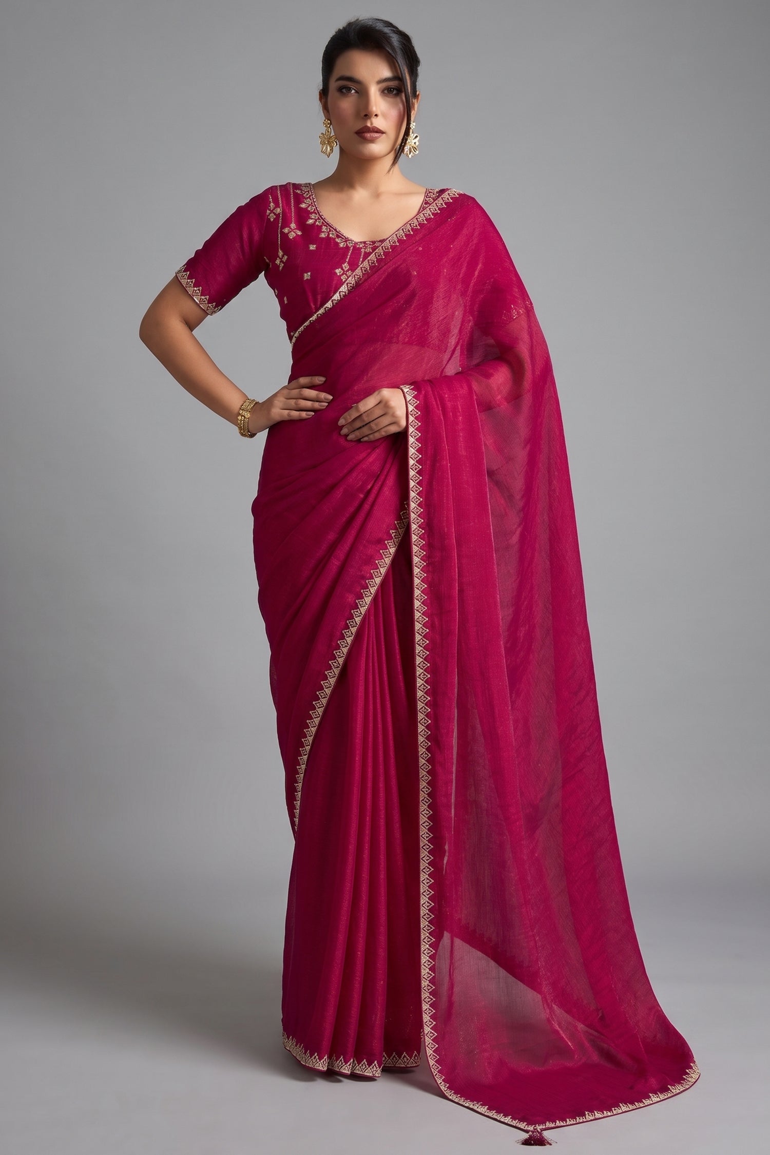 Magenta Pink Chiffon Saree with Embroidered Lace