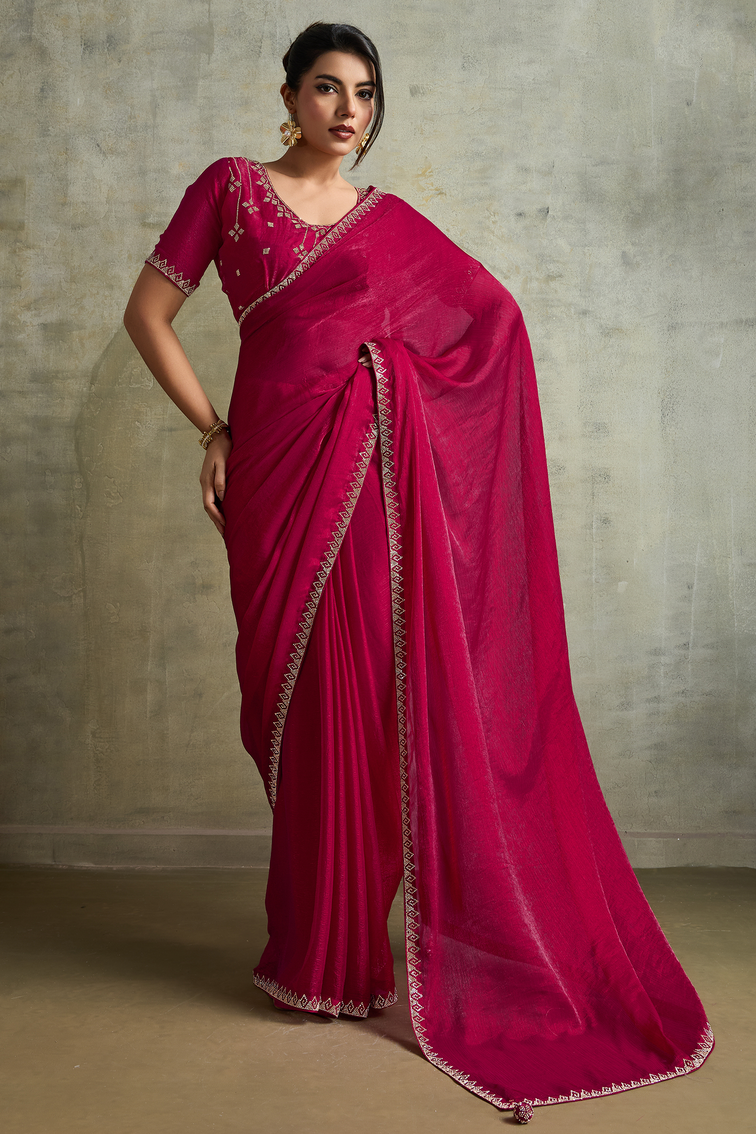 Magenta Pink Chiffon Saree with Embroidered Lace