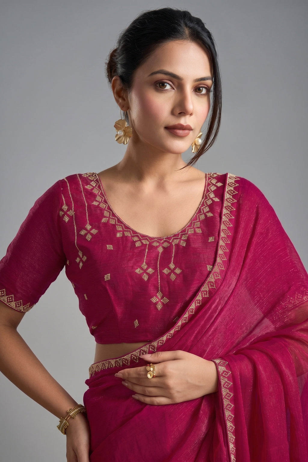 Magenta Pink Chiffon Saree with Embroidered Lace