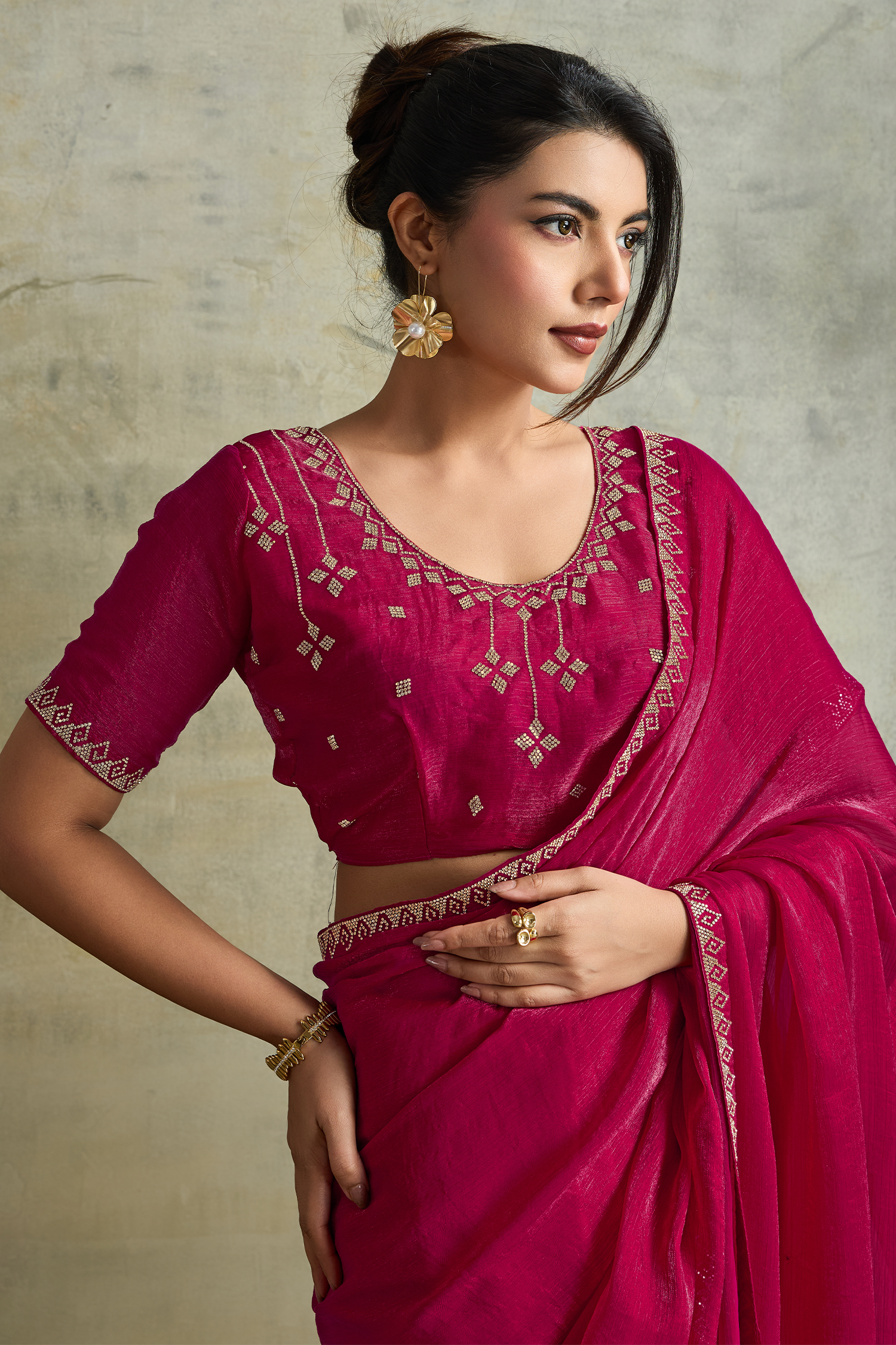 Magenta Pink Chiffon Saree with Embroidered Lace
