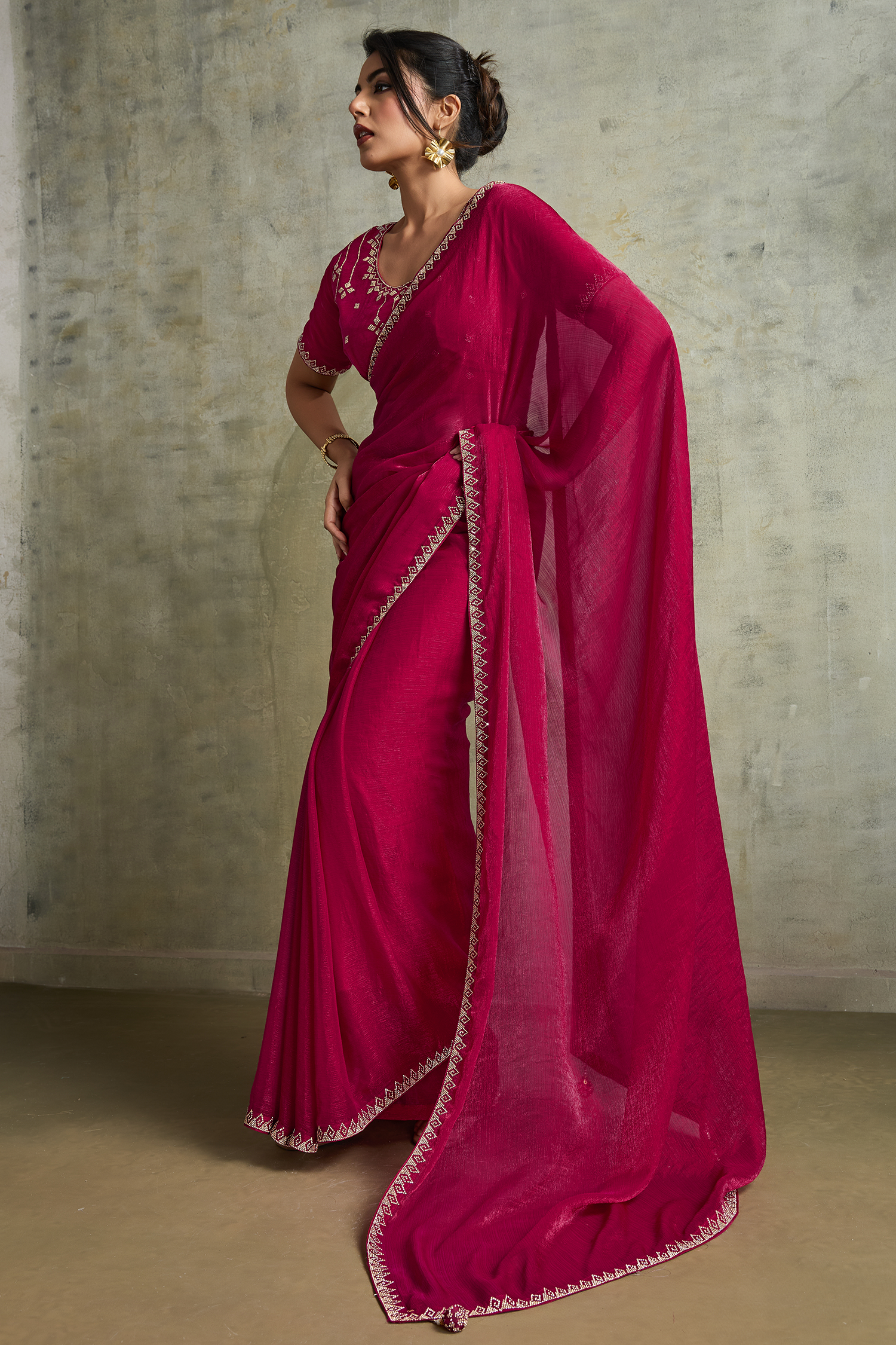 Magenta Pink Chiffon Saree with Embroidered Lace