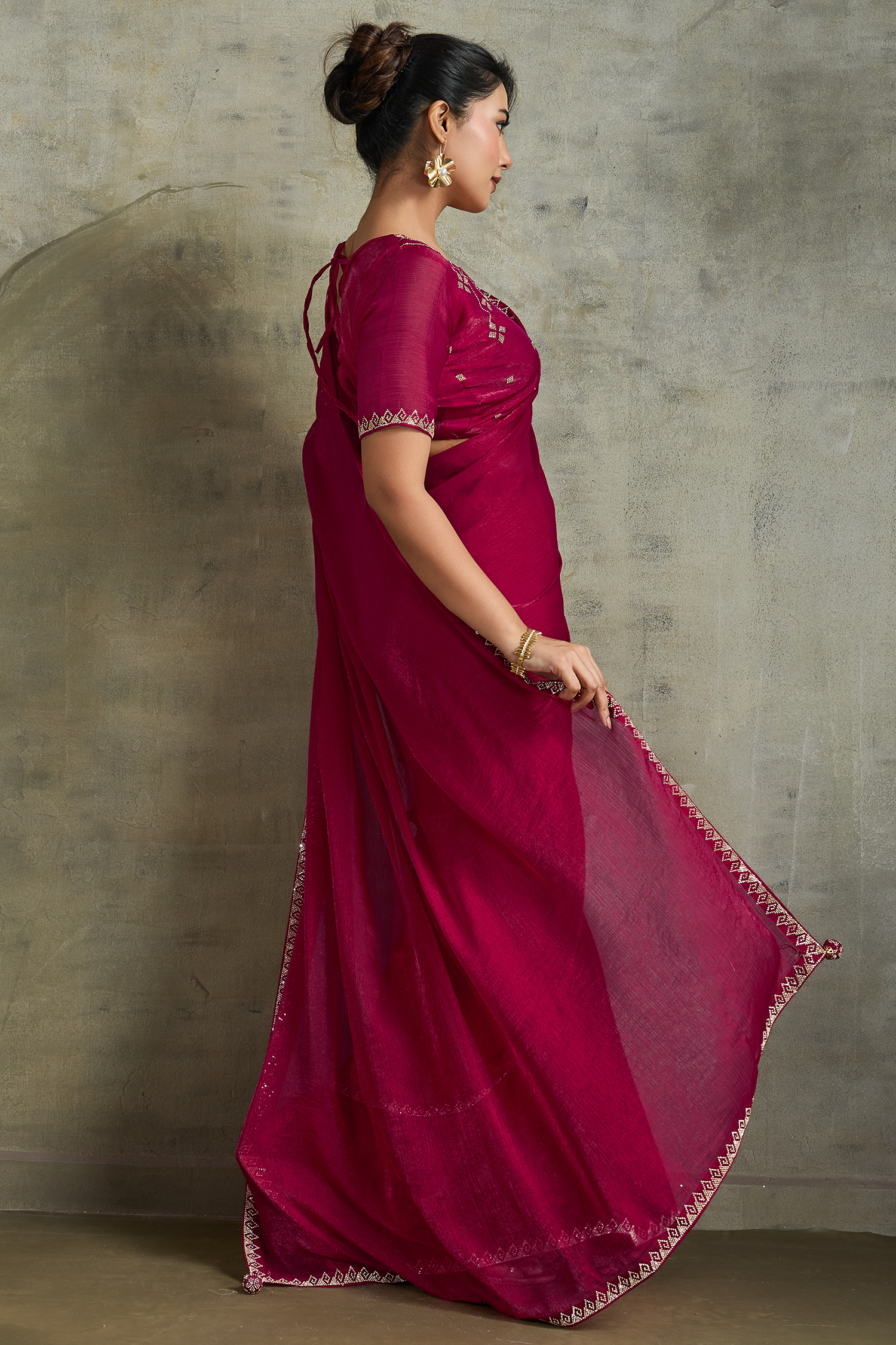 Magenta Pink Chiffon Saree with Embroidered Lace