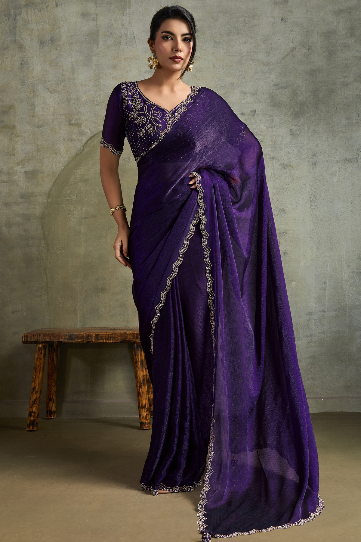 Deep Violet Chiffon Saree with Embroidered Lace
