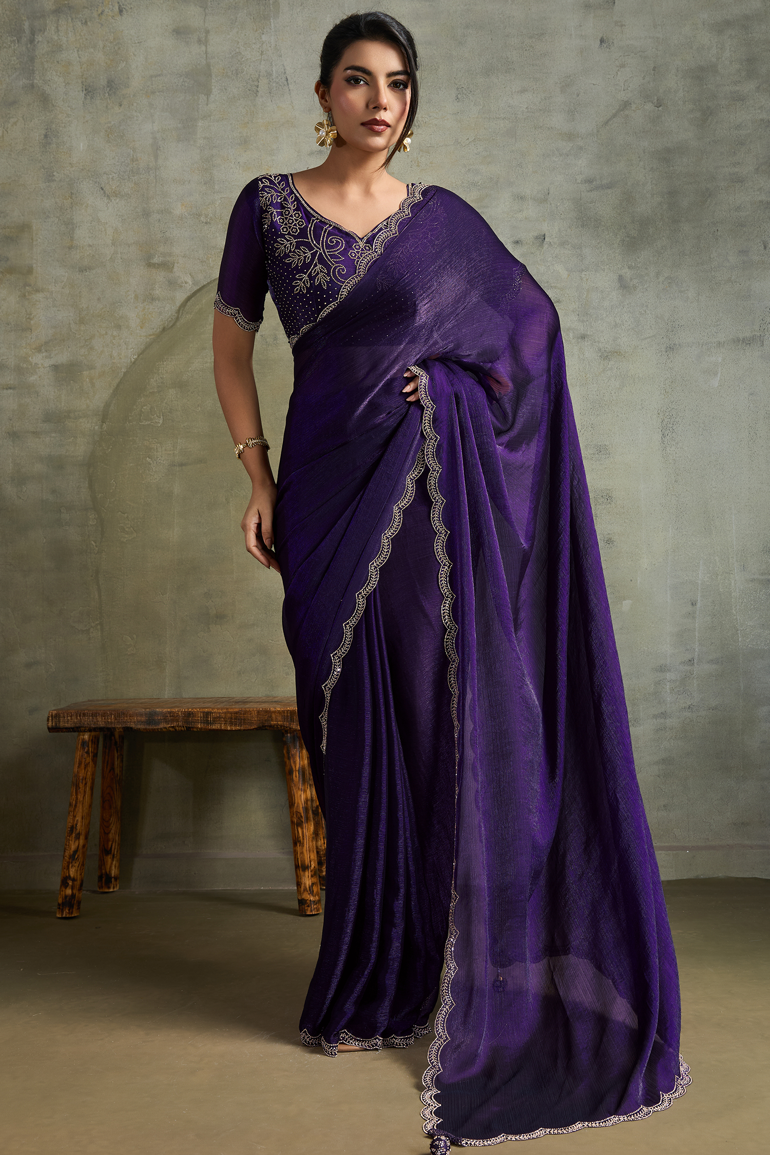 Deep Violet Chiffon Saree with Embroidered Lace