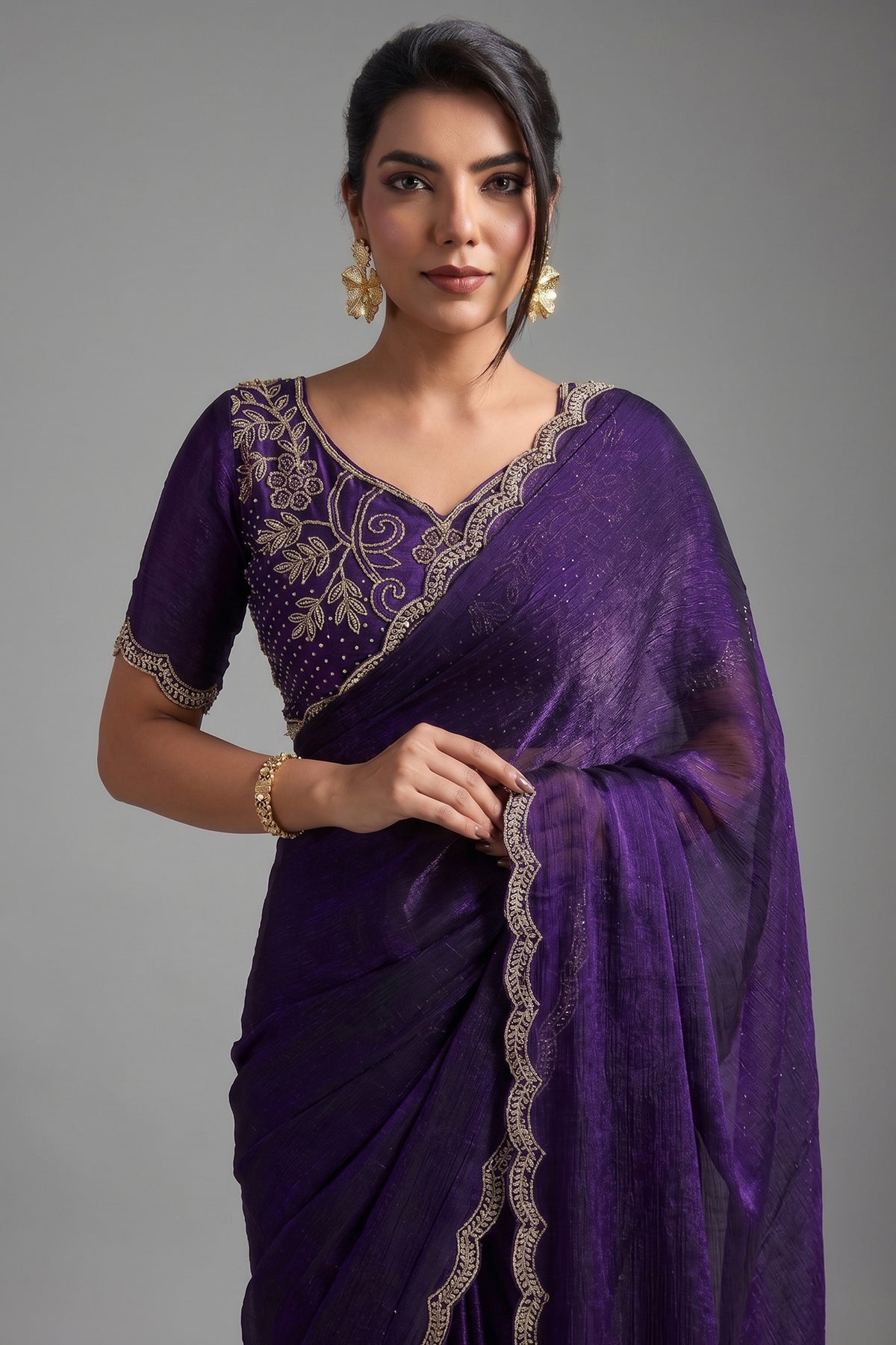 Deep Violet Chiffon Saree with Embroidered Lace