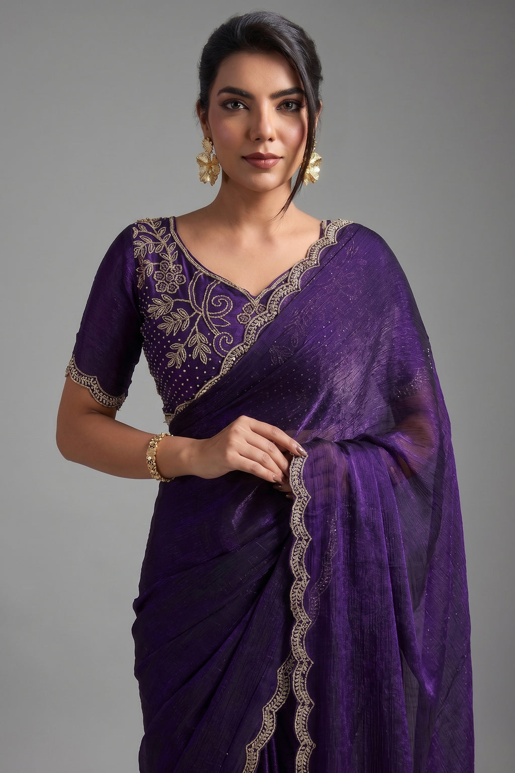 Deep Violet Chiffon Saree with Embroidered Lace