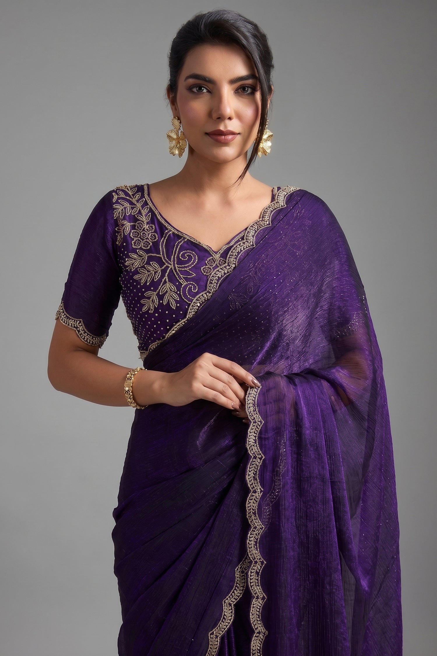 Deep Violet Chiffon Saree with Embroidered Lace