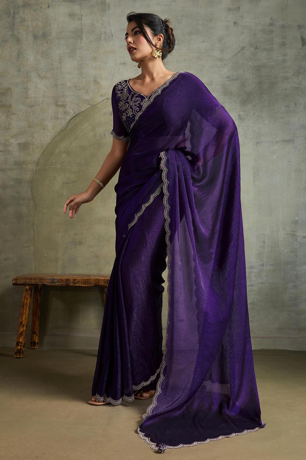Deep Violet Chiffon Saree with Embroidered Lace