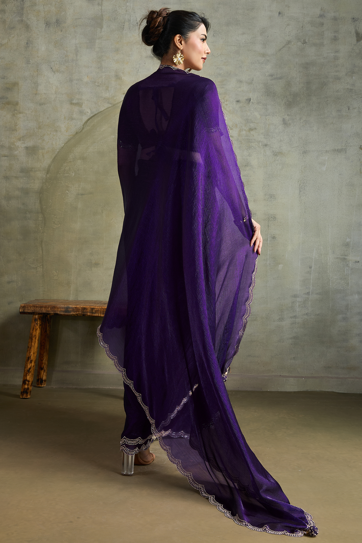 Deep Violet Chiffon Saree with Embroidered Lace