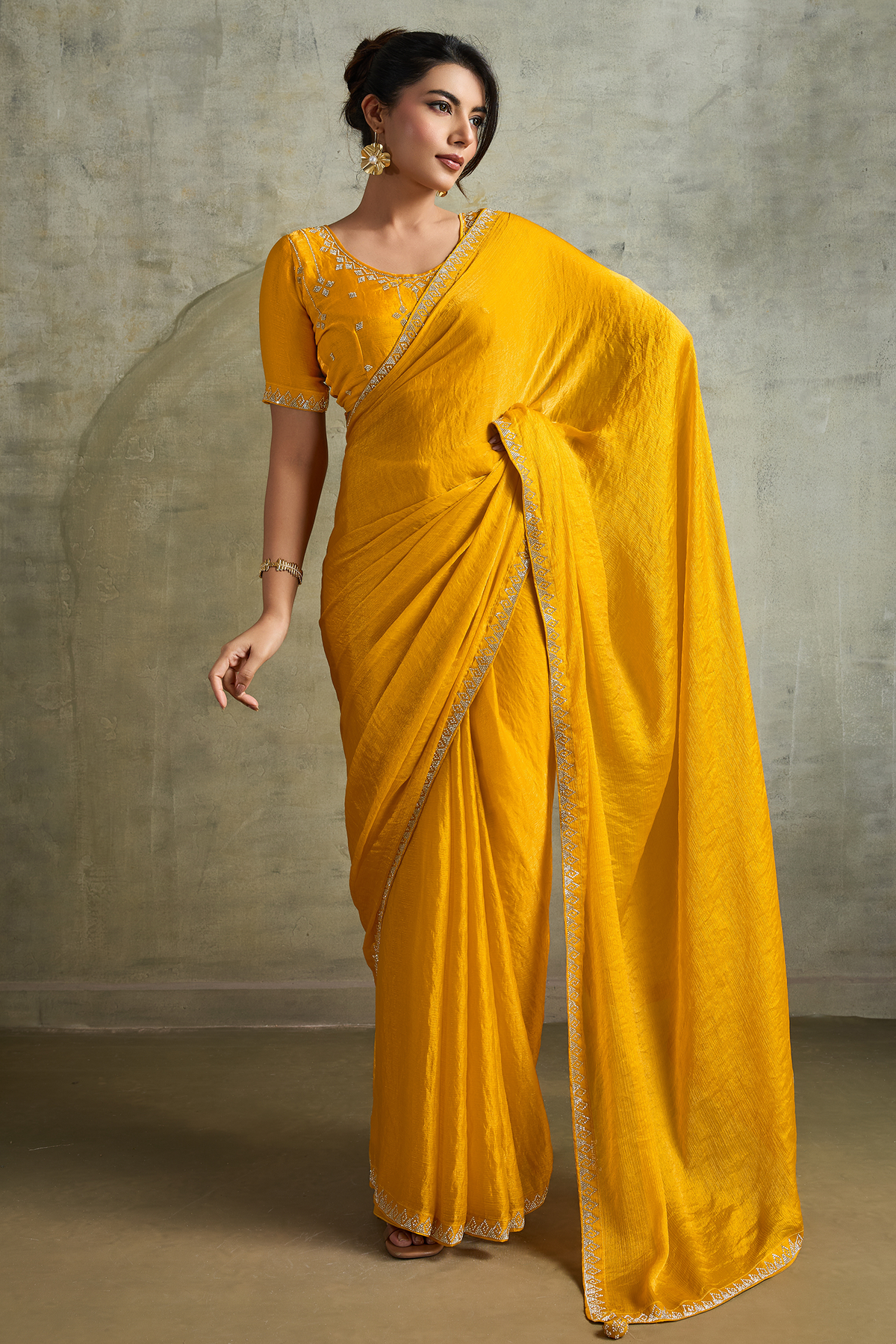 Yellow Chiffon Saree with Embroidered Lace