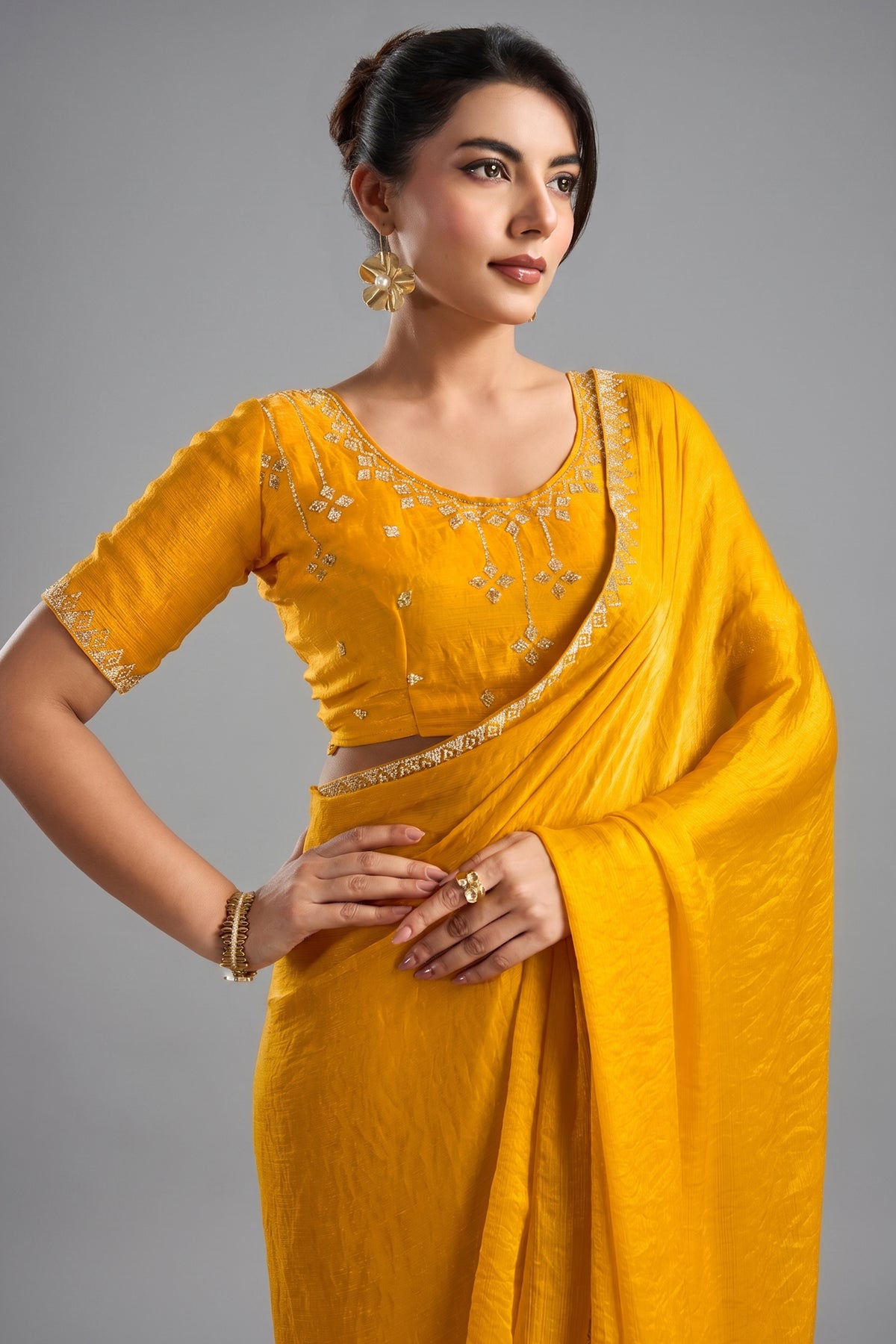 Yellow Chiffon Saree with Embroidered Lace