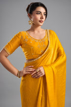 Yellow Chiffon Saree with Embroidered Lace