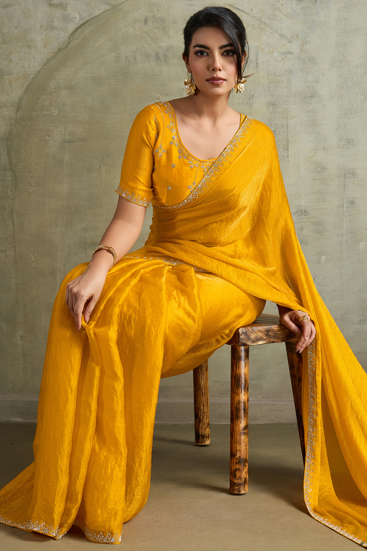 Yellow Chiffon Saree with Embroidered Lace