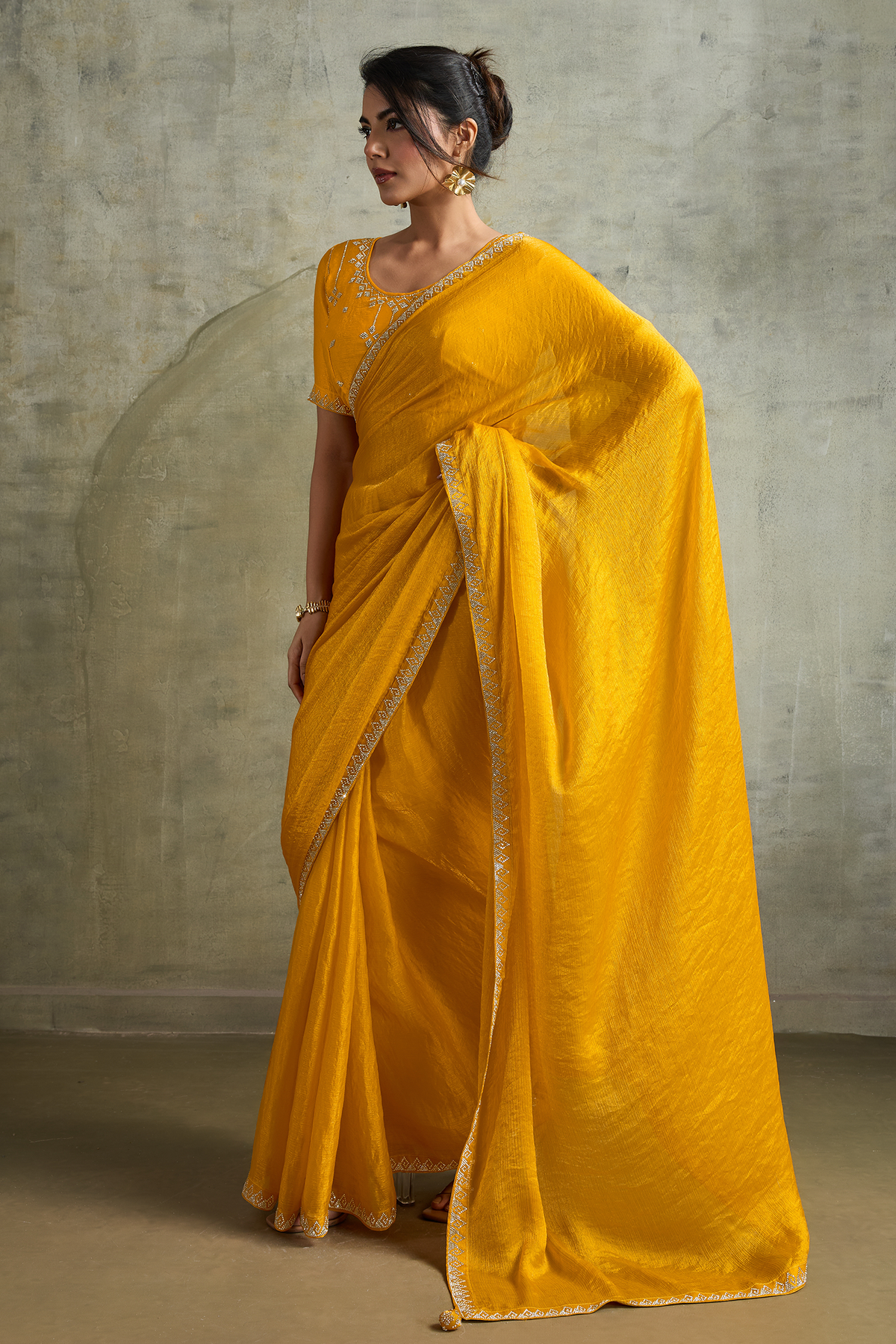 Yellow Chiffon Saree with Embroidered Lace