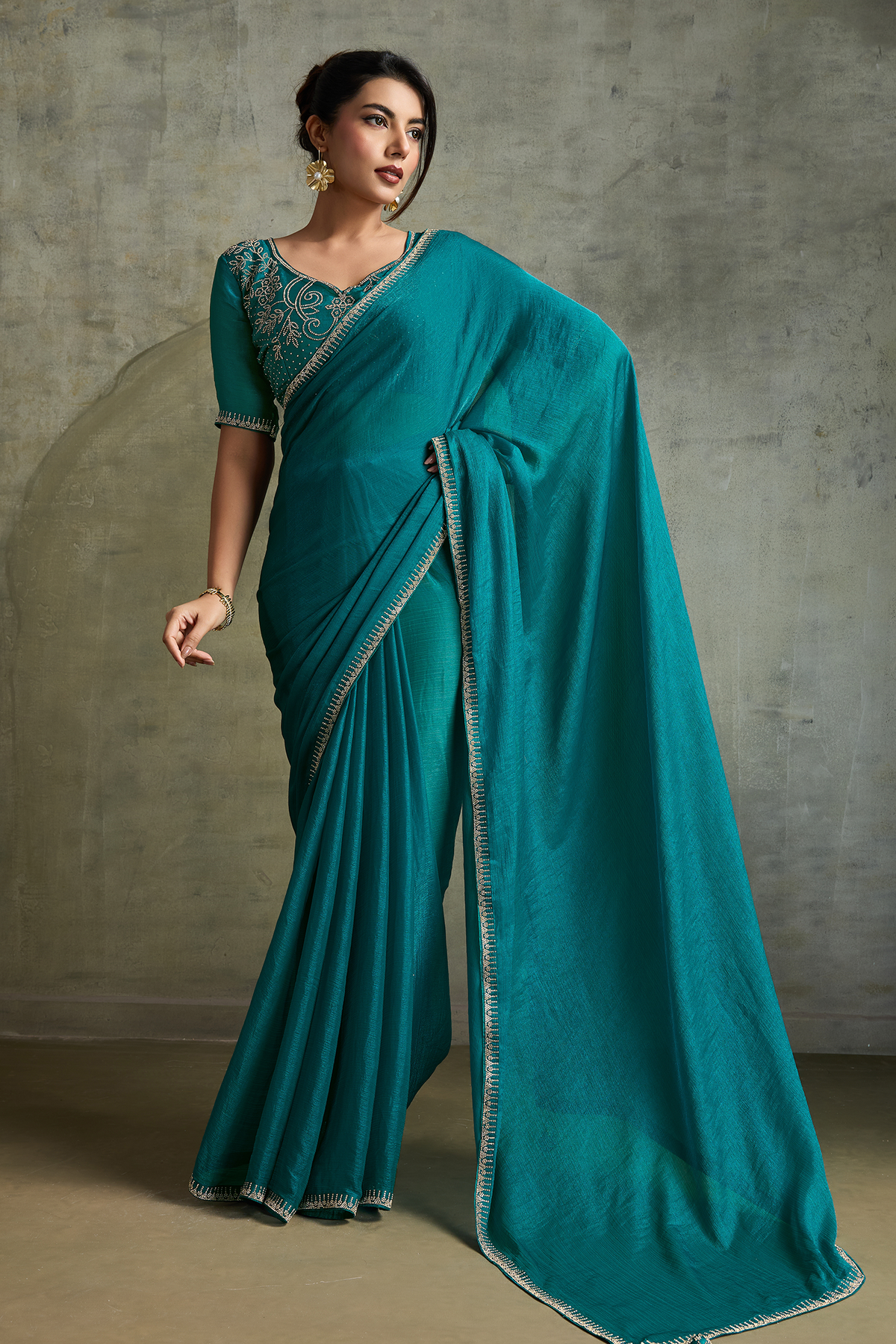 Deep Teal Peacock Blue Chiffon Saree with Embroidered Lace