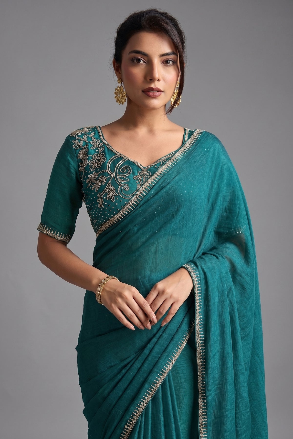 Deep Teal Peacock Blue Chiffon Saree with Embroidered Lace