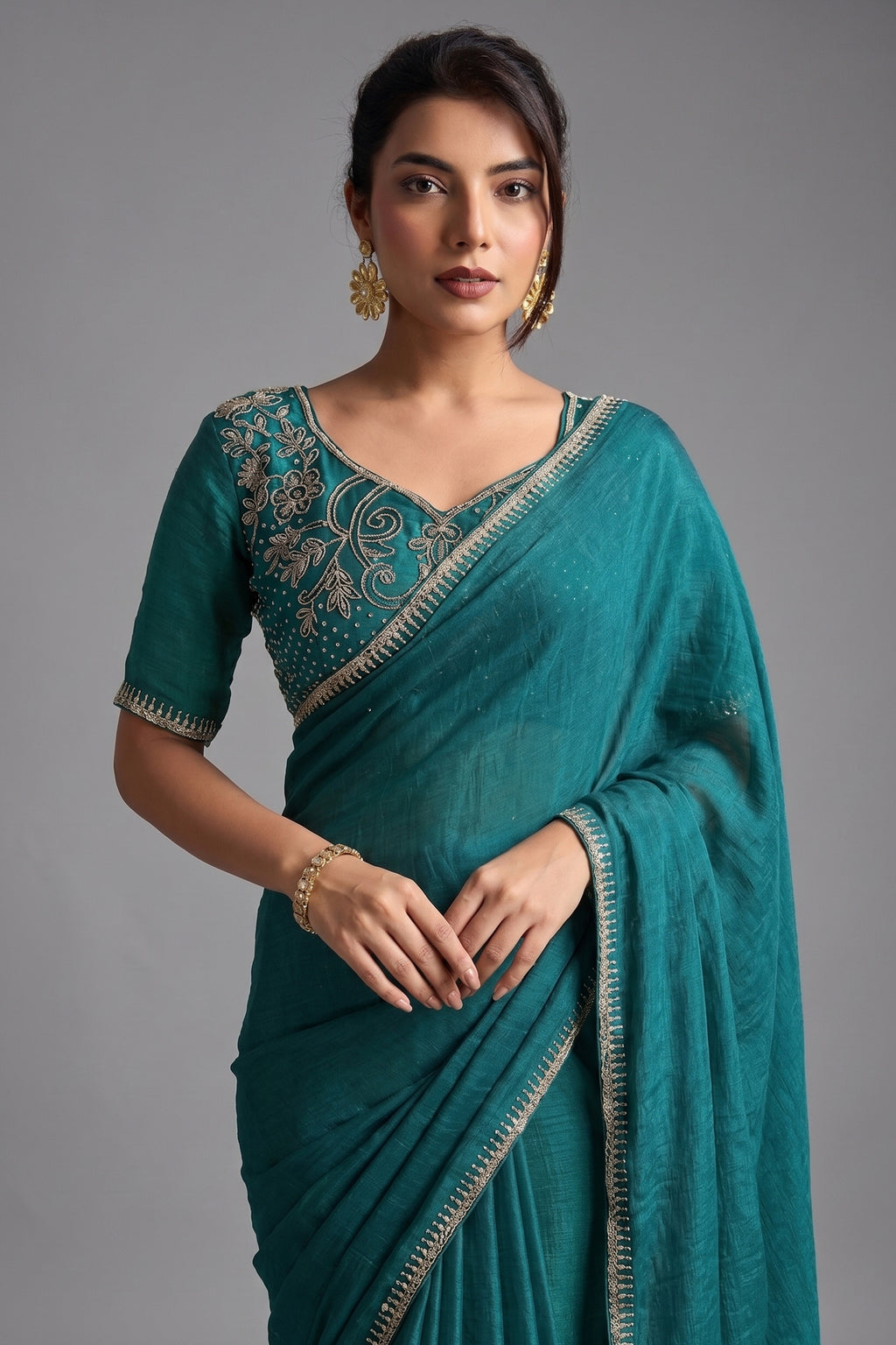 Deep Teal Peacock Blue Chiffon Saree with Embroidered Lace