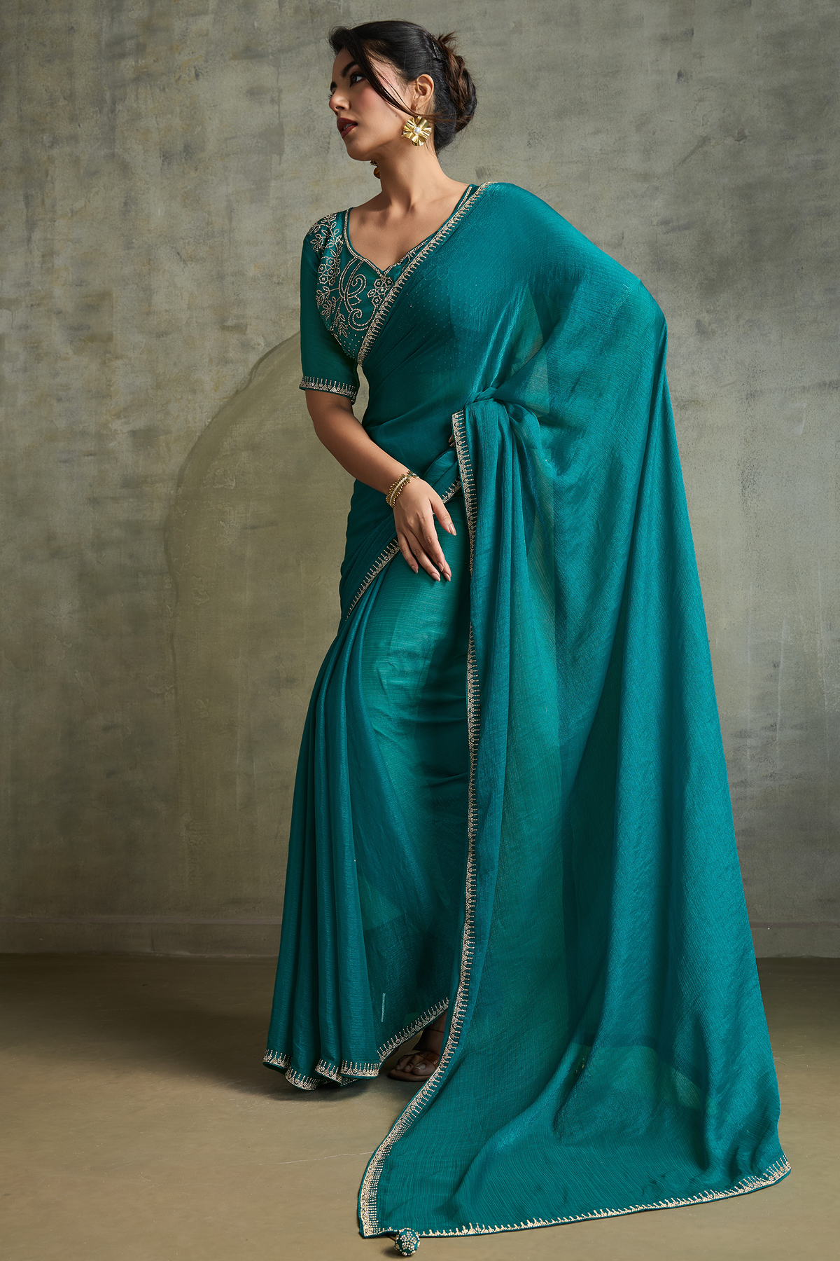 Deep Teal Peacock Blue Chiffon Saree with Embroidered Lace