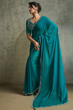 Deep Teal Peacock Blue Chiffon Saree with Embroidered Lace