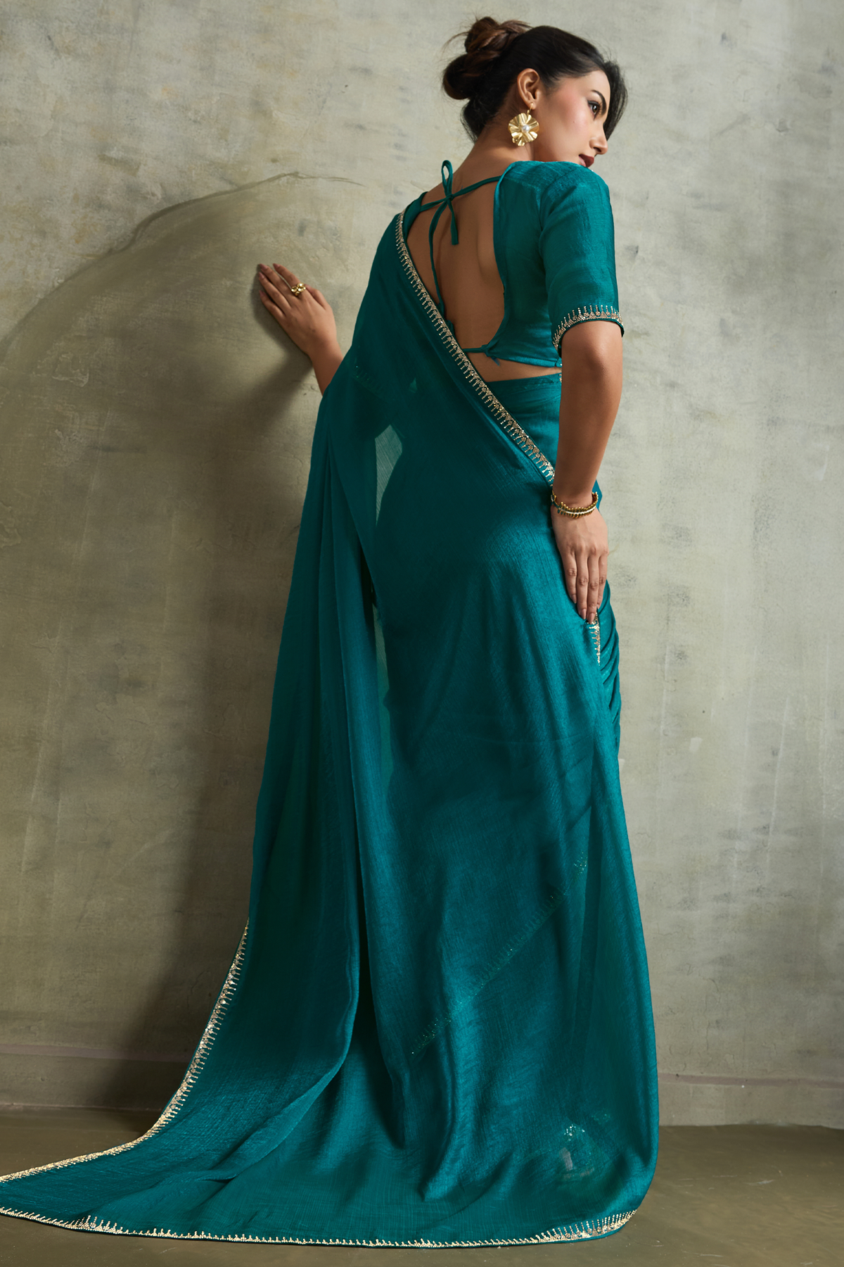 Deep Teal Peacock Blue Chiffon Saree with Embroidered Lace