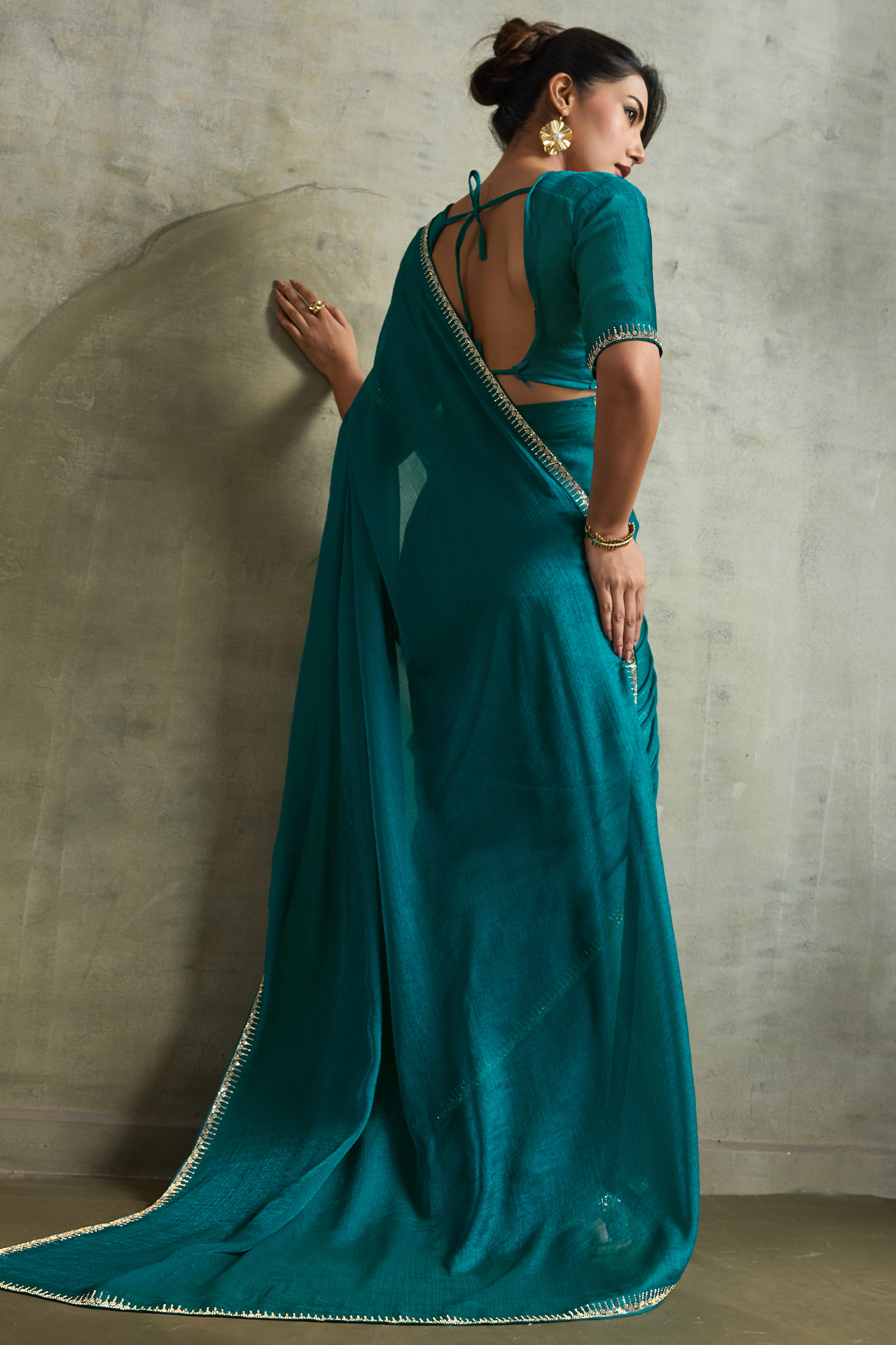 Deep Teal Peacock Blue Chiffon Saree with Embroidered Lace