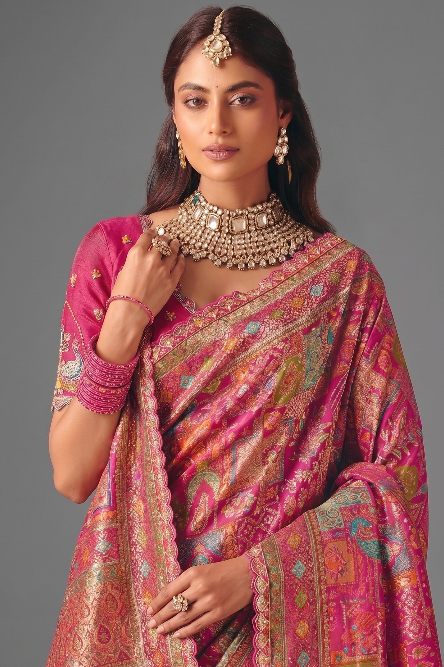 Radiant Fuchsia Pink Dola Silk Saree with Thread Embroidery & Cutwork Lace Secondary image