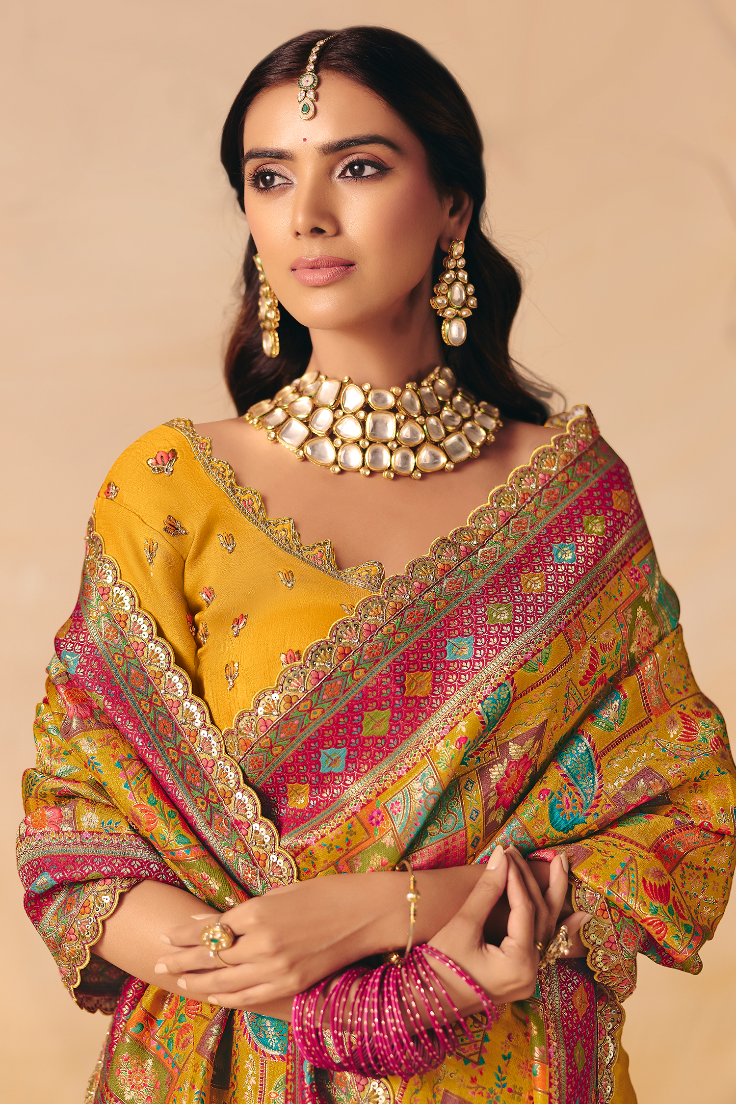 Golden Mustard Dola Silk Saree with Intricate Patli Embroidery & Contrast Border