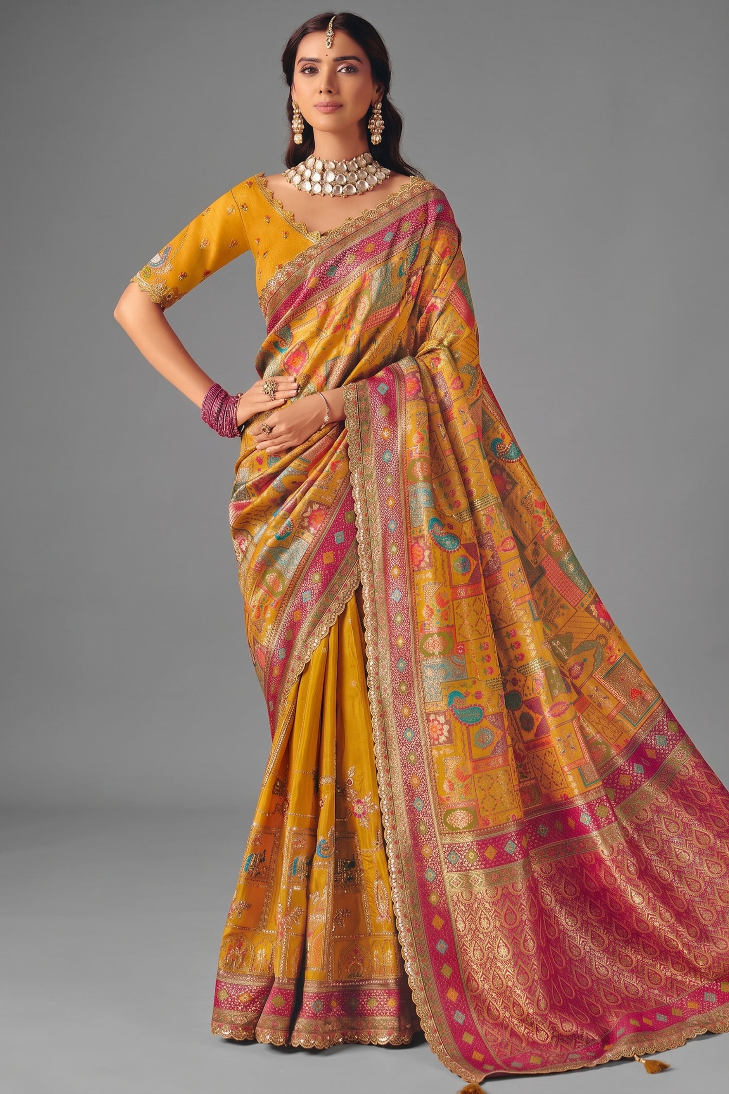 Golden Mustard Dola Silk Saree with Intricate Patli Embroidery & Contrast Border Main image