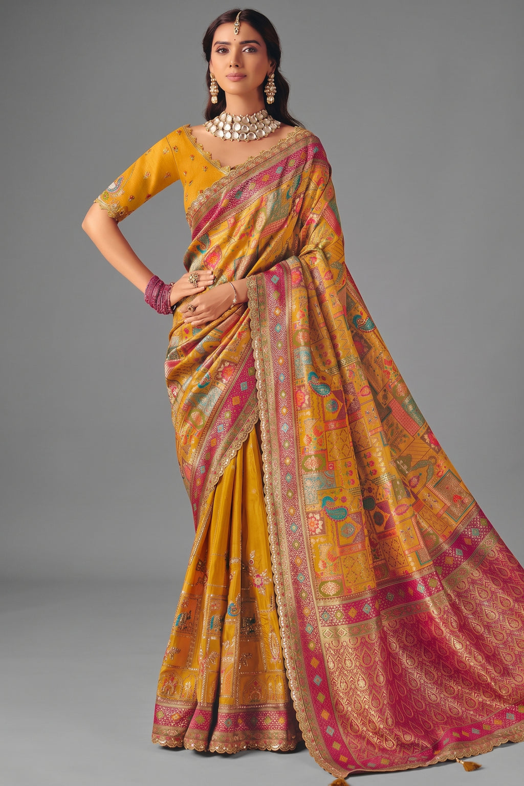 Golden Mustard Dola Silk Saree with Intricate Patli Embroidery & Contrast Border