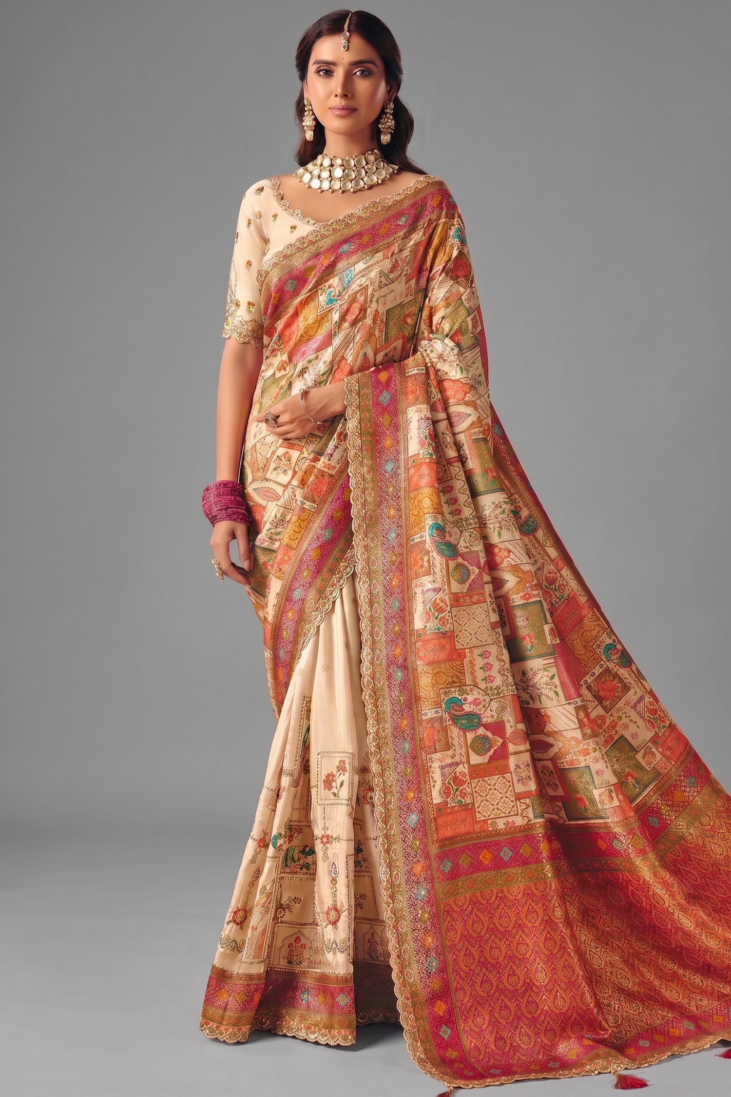 Ivory White Dola Silk Saree with Thread Embroidery & Cutwork Lace Main image