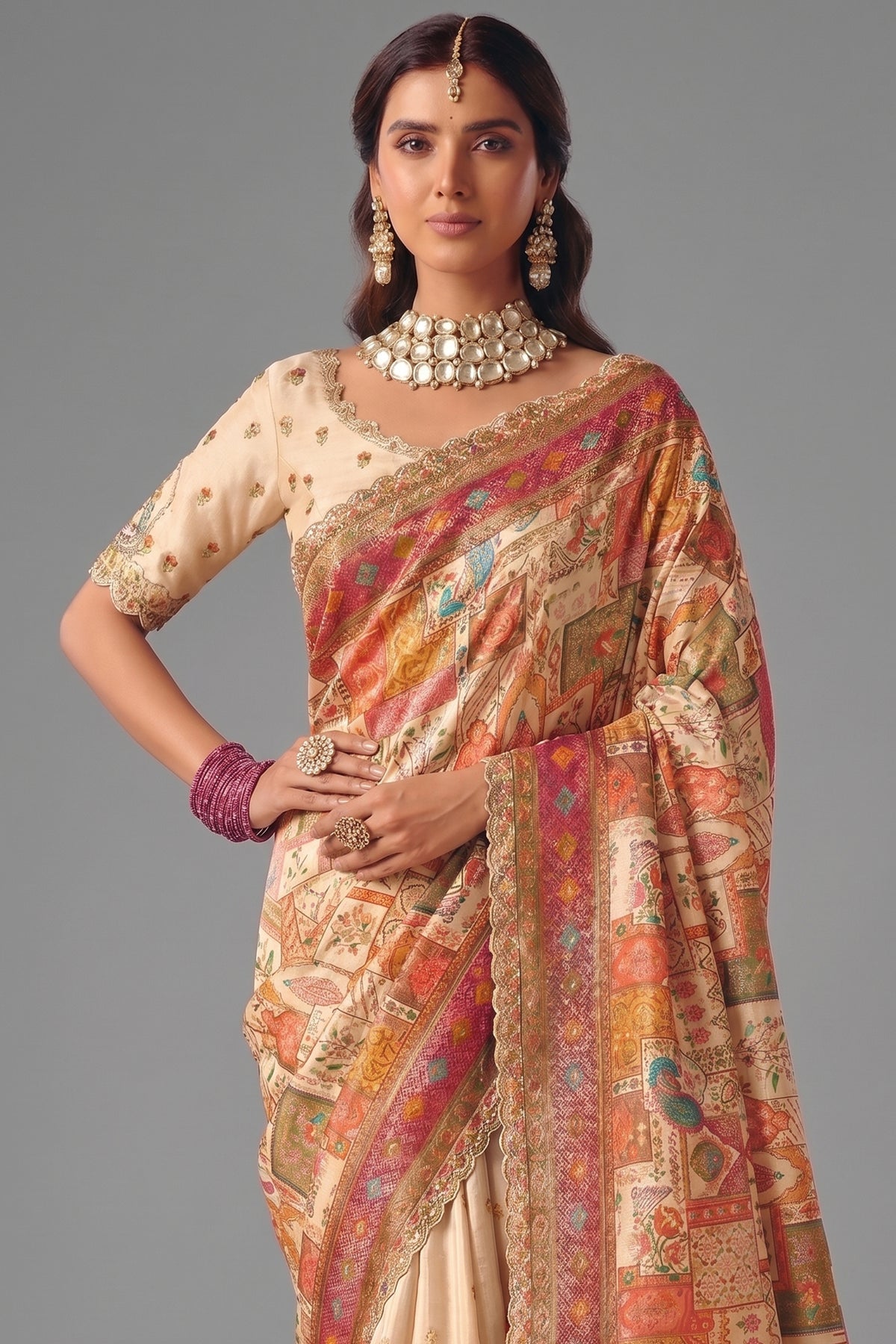 Ivory White Dola Silk Saree with Thread Embroidery & Cutwork Lace