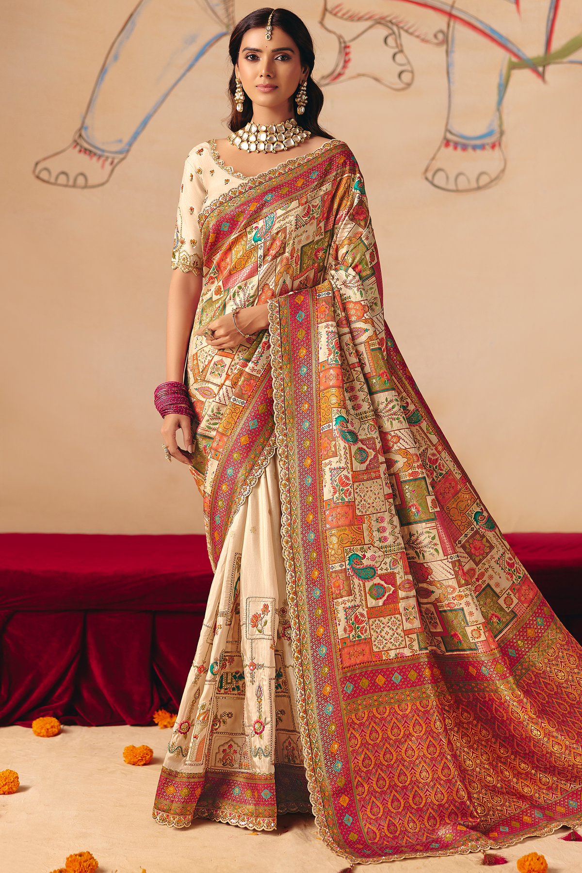 Ivory White Dola Silk Saree with Thread Embroidery & Cutwork Lace