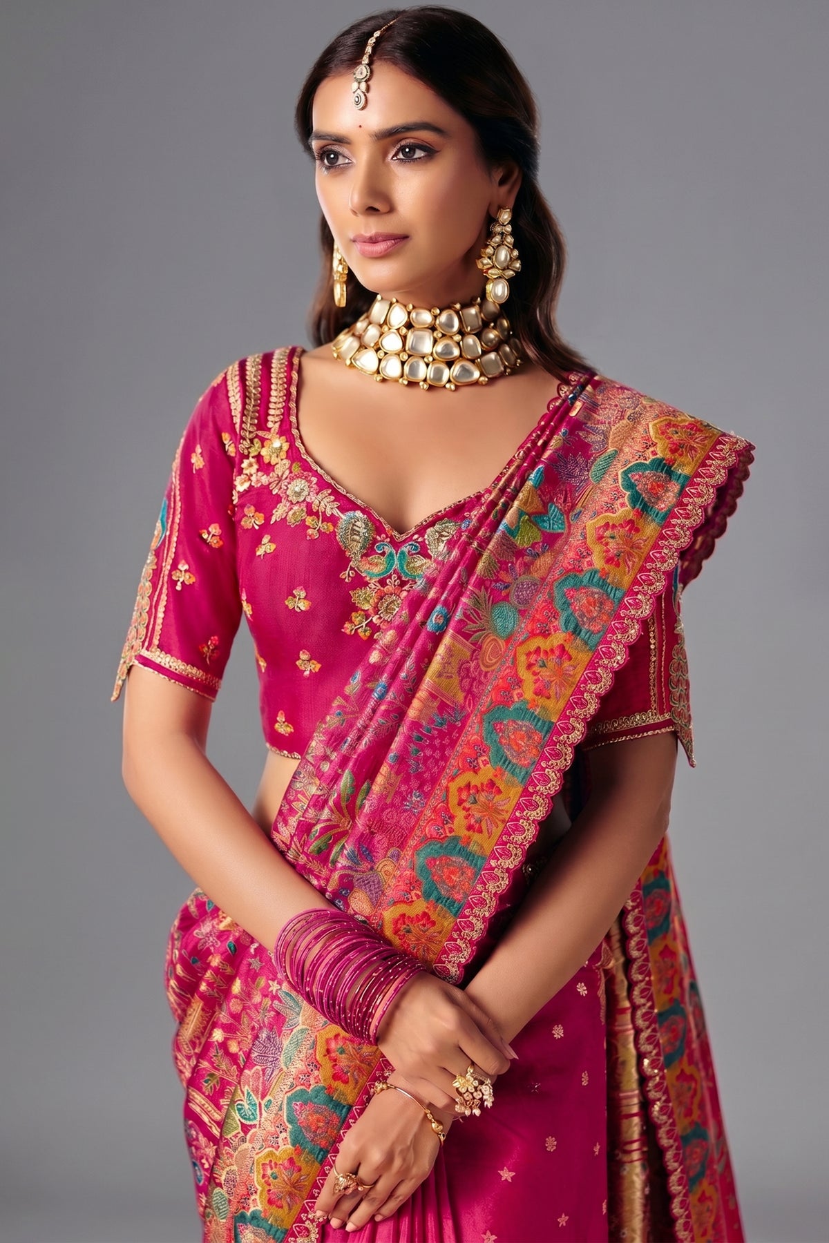 Majestic Rani Pink Dola Silk Saree Handcrafted with Heavy Traditional Embroidery