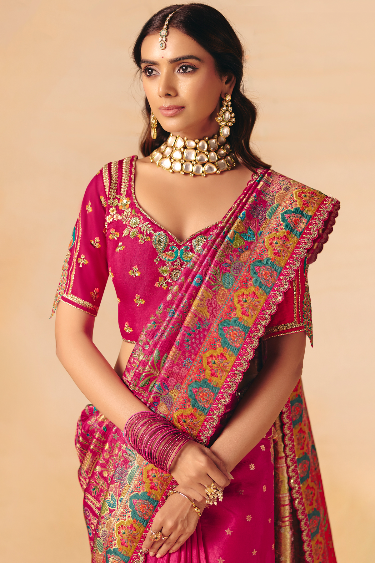 Majestic Rani Pink Dola Silk Saree Handcrafted with Heavy Traditional Embroidery