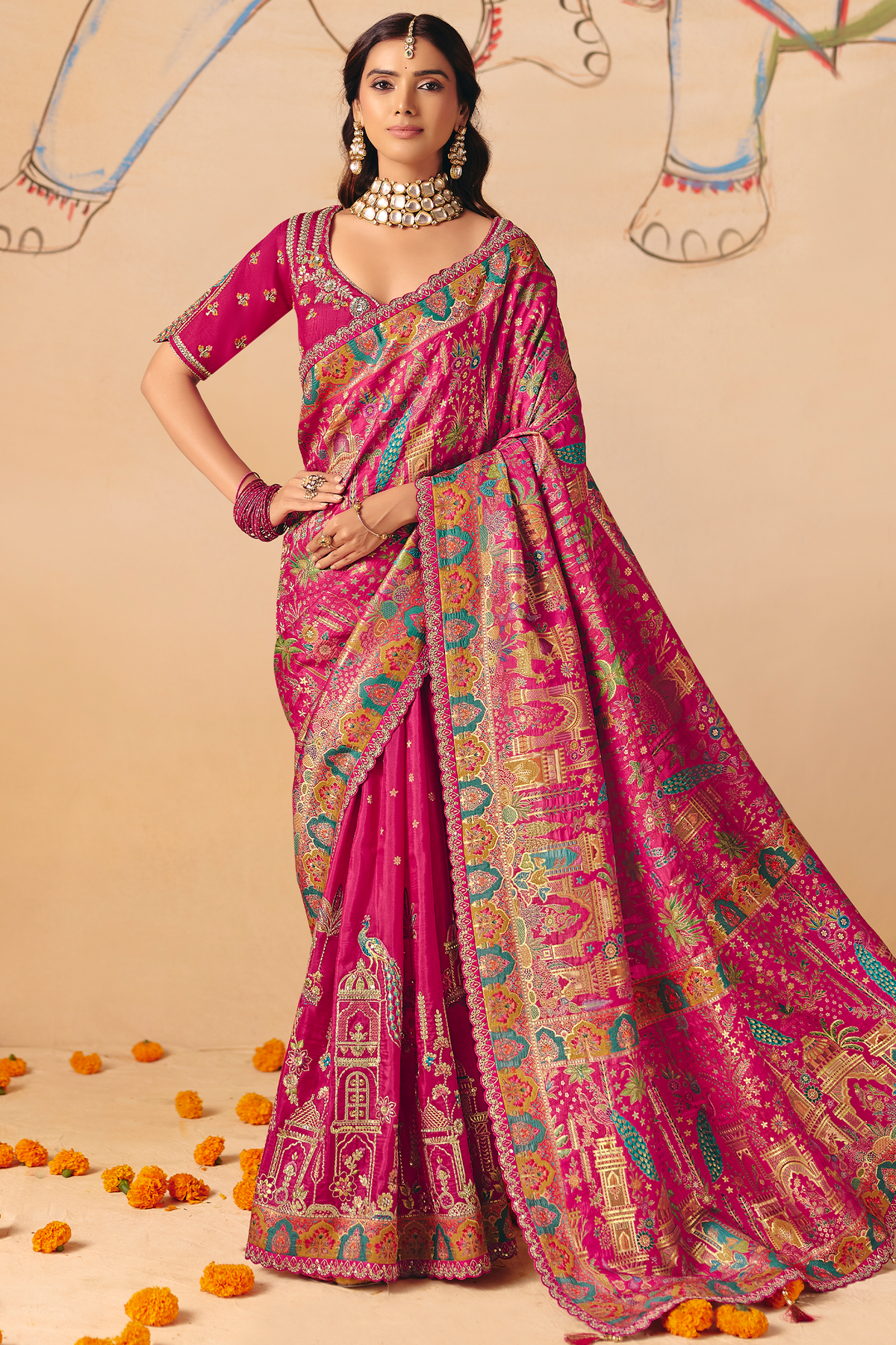 Majestic Rani Pink Dola Silk Saree Handcrafted with Heavy Traditional Embroidery