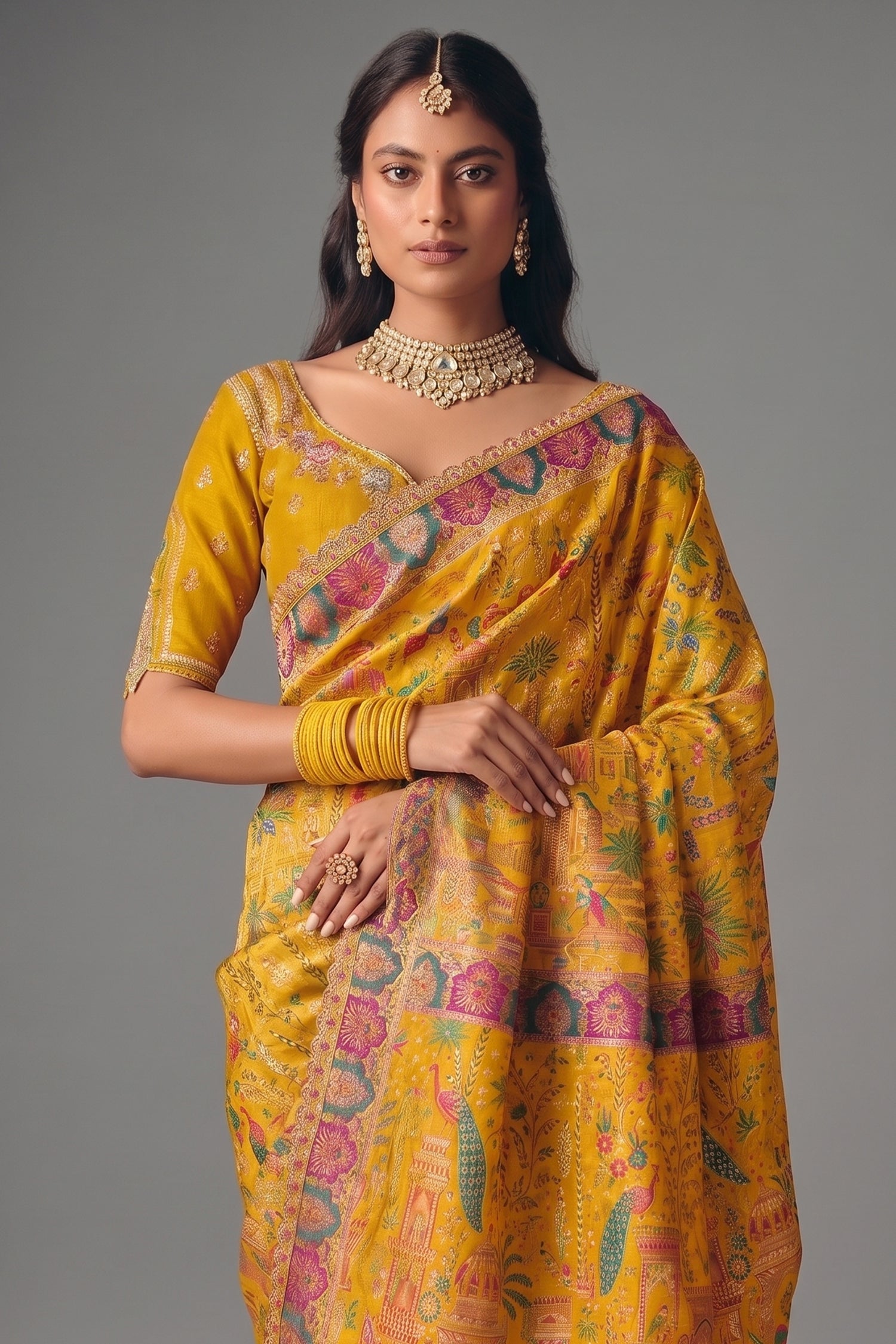 Sunkissed Yellow Dola Silk Saree Featuring A Majestic Embroidered Pallu