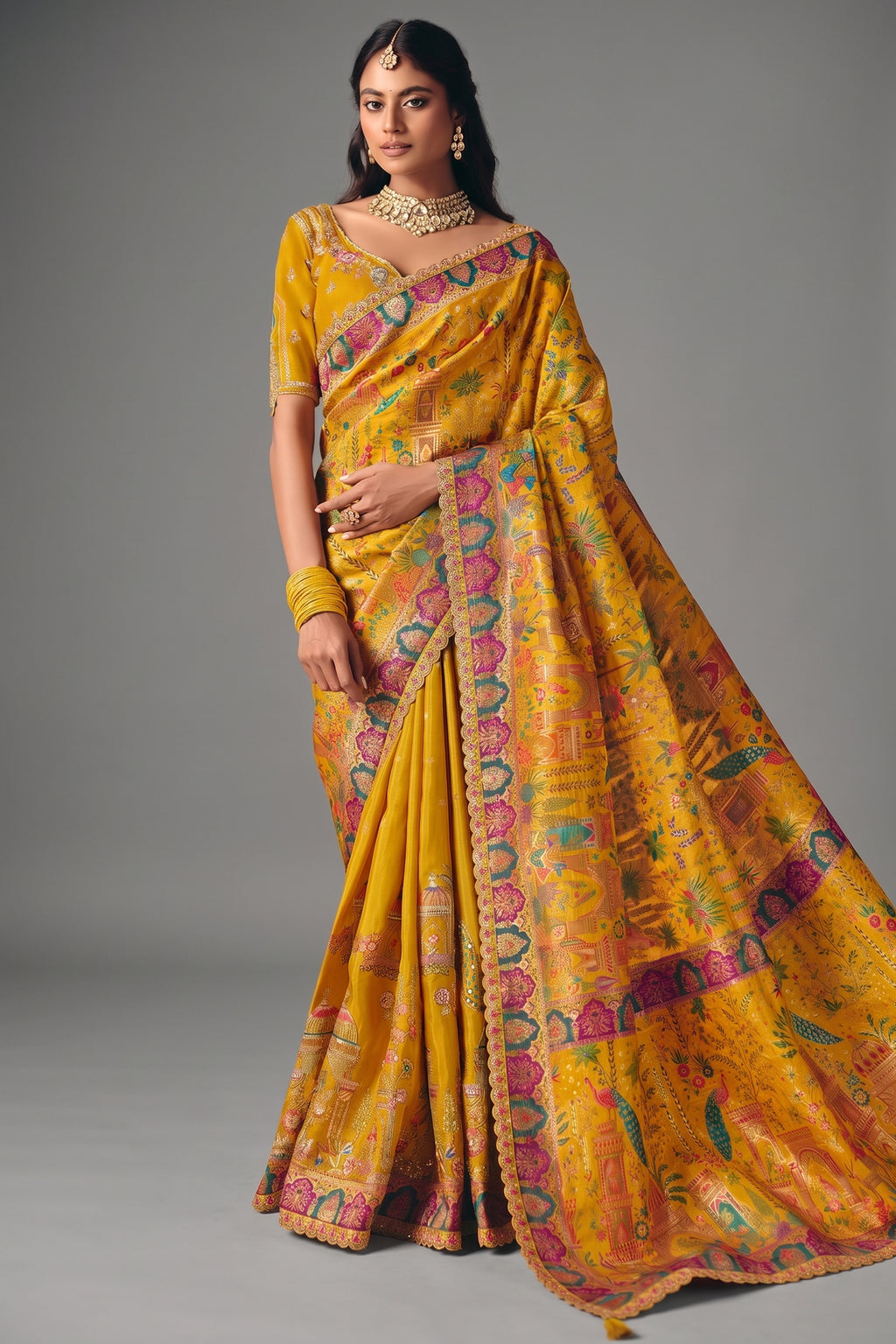Sunkissed Yellow Dola Silk Saree Featuring A Majestic Embroidered Pallu