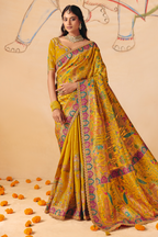 Sunkissed Yellow Dola Silk Saree Featuring A Majestic Embroidered Pallu