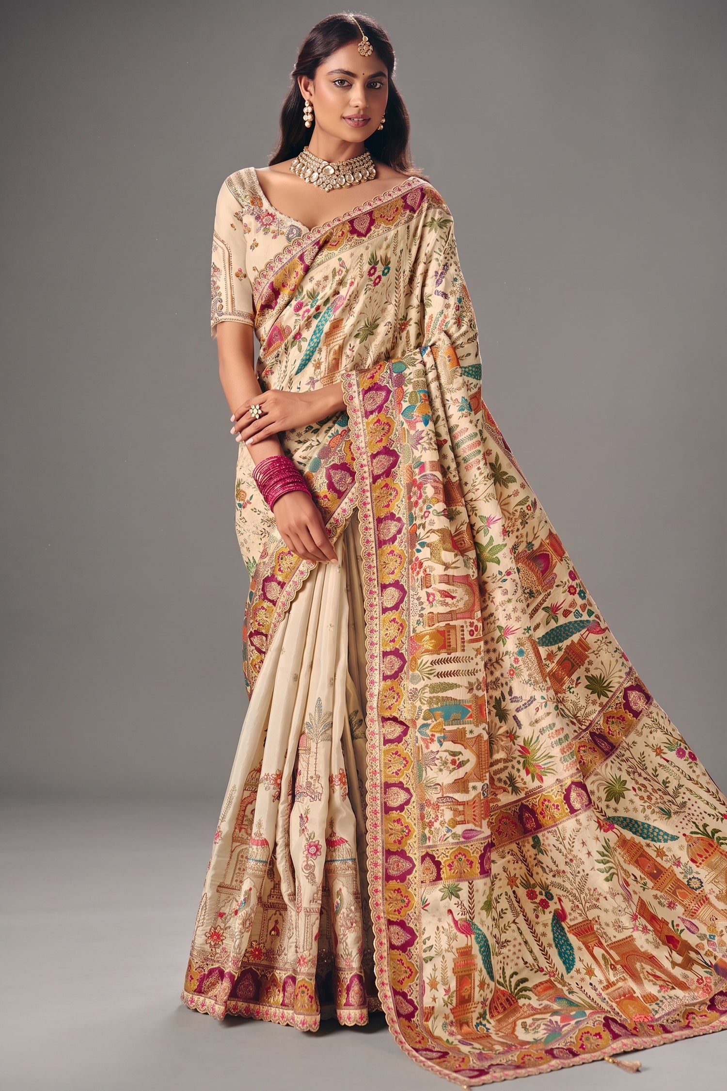 Classic Cream Dola Silk Saree Embellished with Multicolored Thread Work & Cutwork Lace Main image
