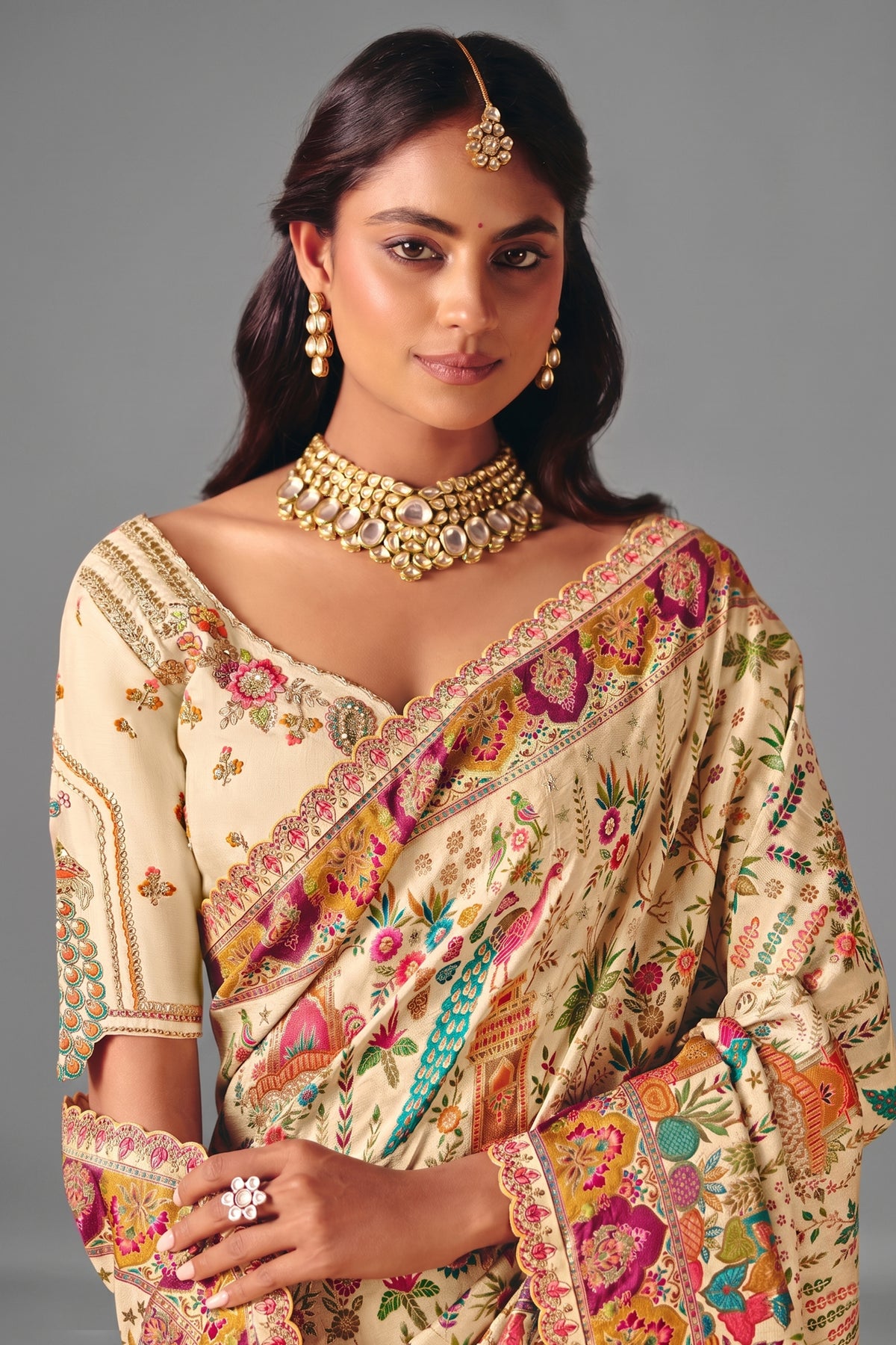Classic Cream Dola Silk Saree Embellished with Multicolored Thread Work & Cutwork Lace