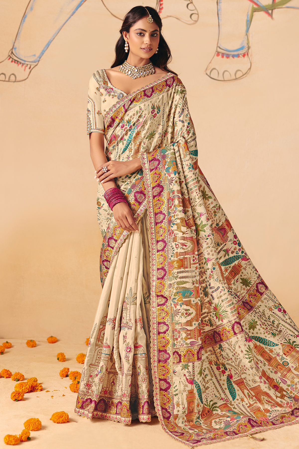 Classic Cream Dola Silk Saree Embellished with Multicolored Thread Work & Cutwork Lace