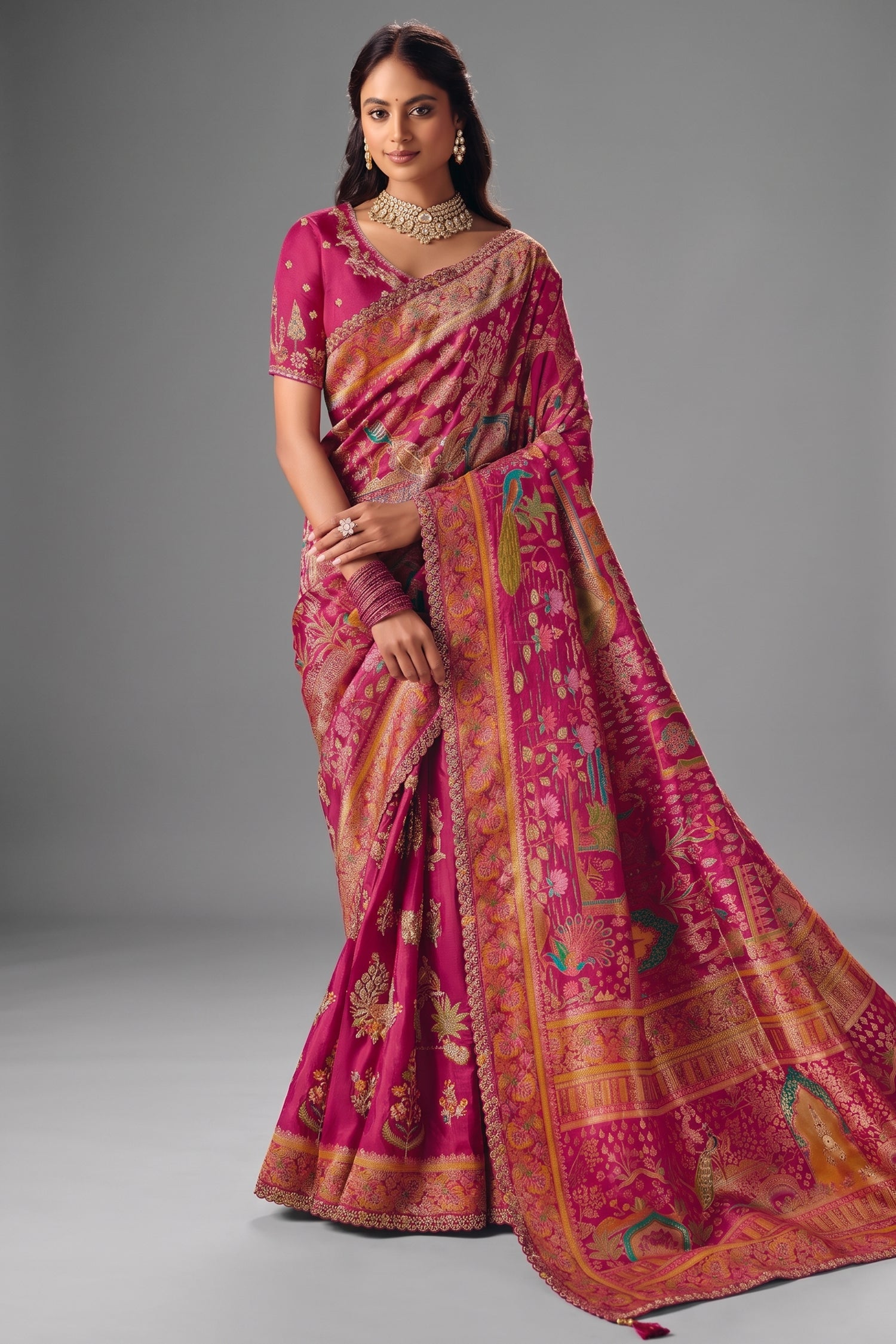 Deep Magenta Dola Silk Saree Showcasing Exquisite Cutwork Border Main image