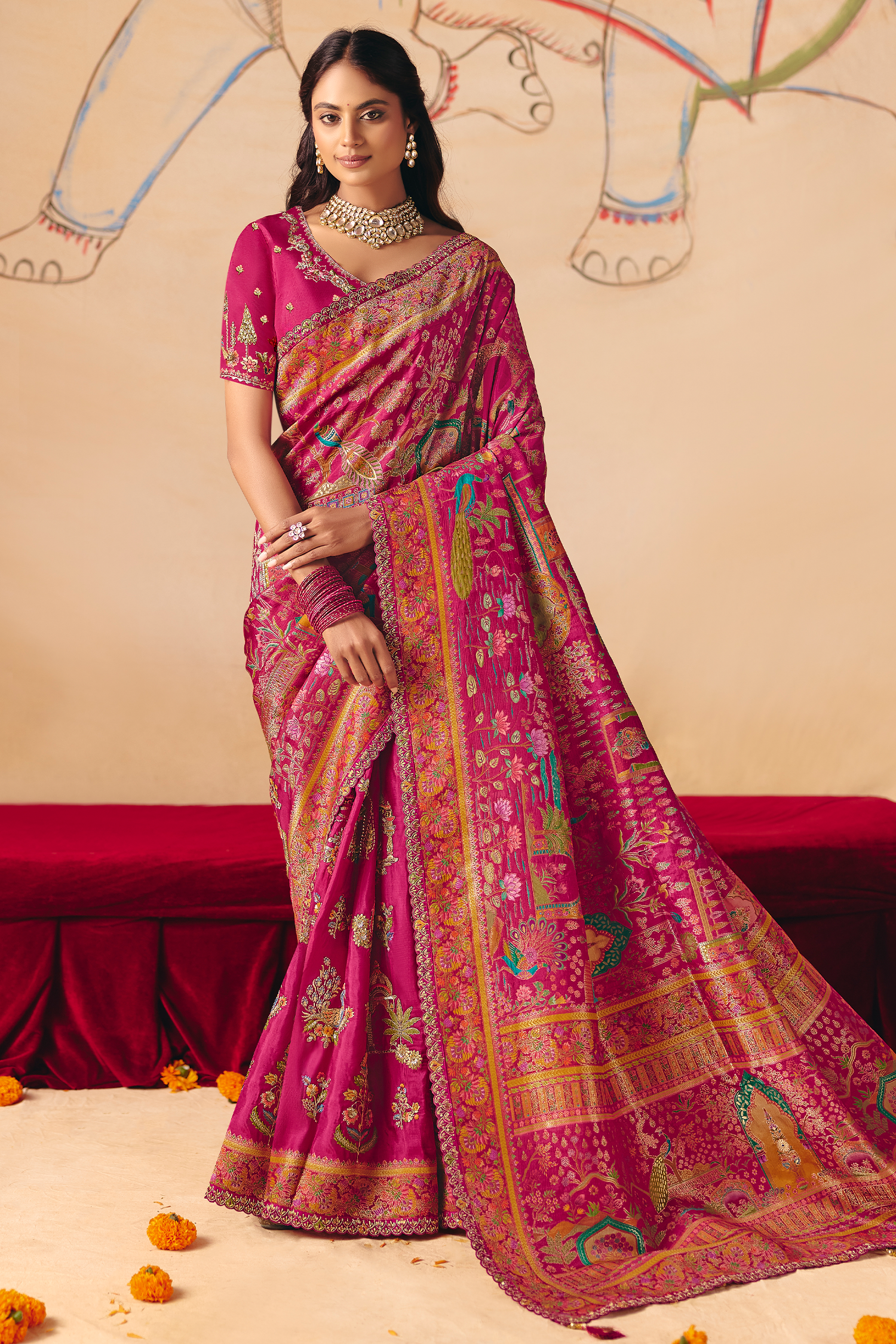 Deep Magenta Dola Silk Saree Showcasing Exquisite Cutwork Border